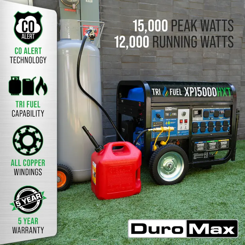 15.000-Watt Tri-Fuel Portable Generator – Electric Start. Multi-Fuel Compatibility