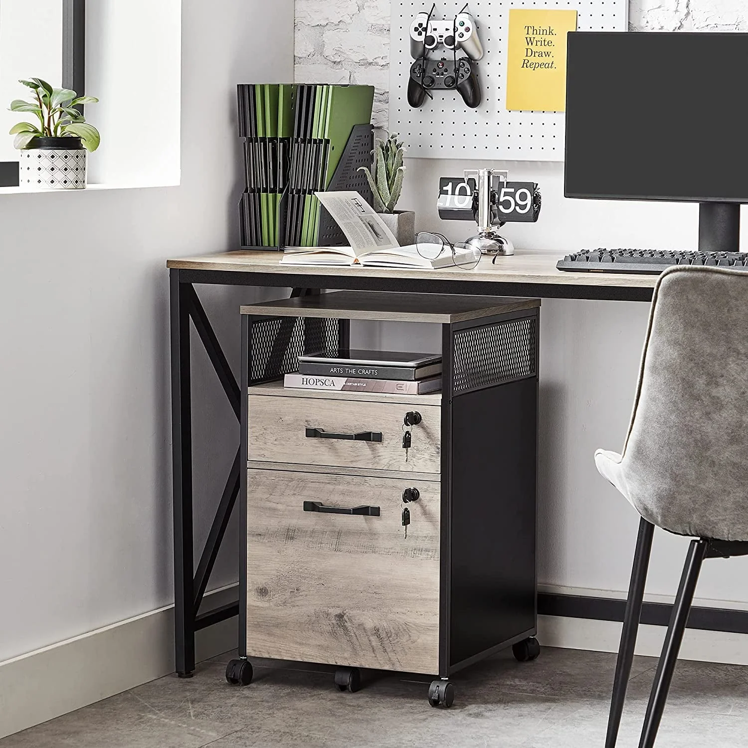 VASAGLE File Cabinet with Lock Filing Cabinet with 2 Storage Drawers for Home Office Open Shelf Greige and Black
