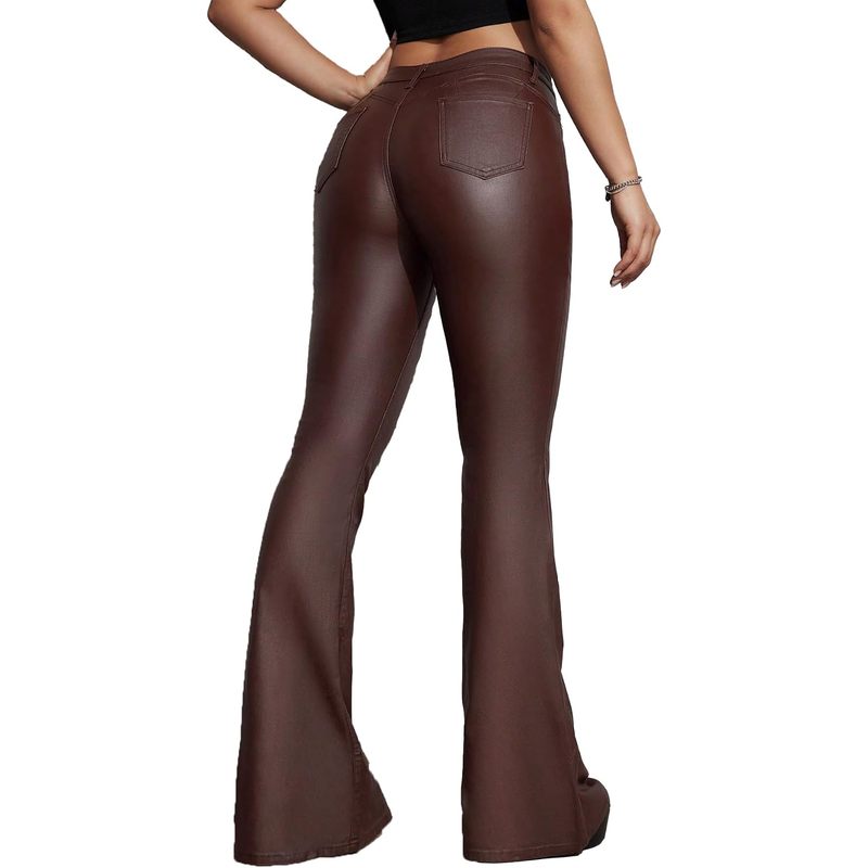 Women's Faux Leather Coated Flare Pants Mid Waist
