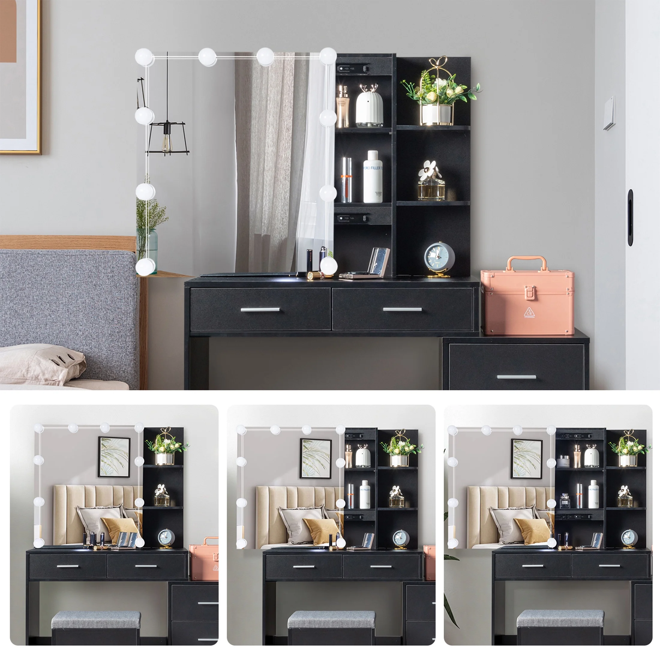 Vanity Set with Stool, Black Vanity Desk with Mirror, 5 Drawers and 2-Layer Shelves, LED Three-Tone Lighting, Particle Board With Triamine Coating, Solid Wood Legs With Copper Sheath Decoration