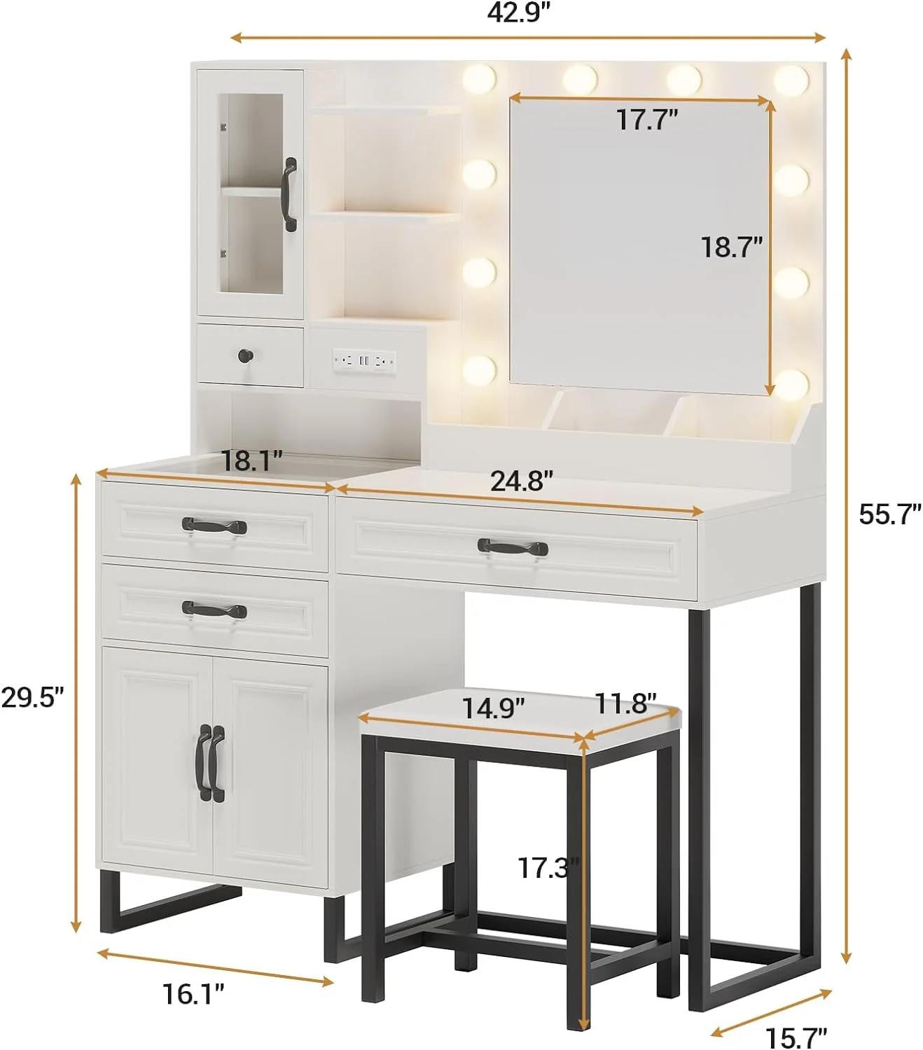 AMUZER Modern Vanity Desk Set with Mirror and Lights & Stool, Makeup Vanity Table with Charging Station, 4 Stoarge Drawers & Double-Door Cabinet, White