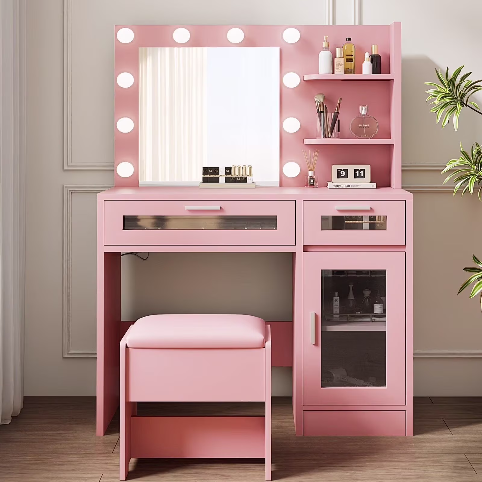 LIVELYGLOW Vanity Desk with Mirror and Lights, Makeup Vanity with Drawer & Storage Shelves, Cabinet, 3 Lighting Modes Adjustable Brightness,White