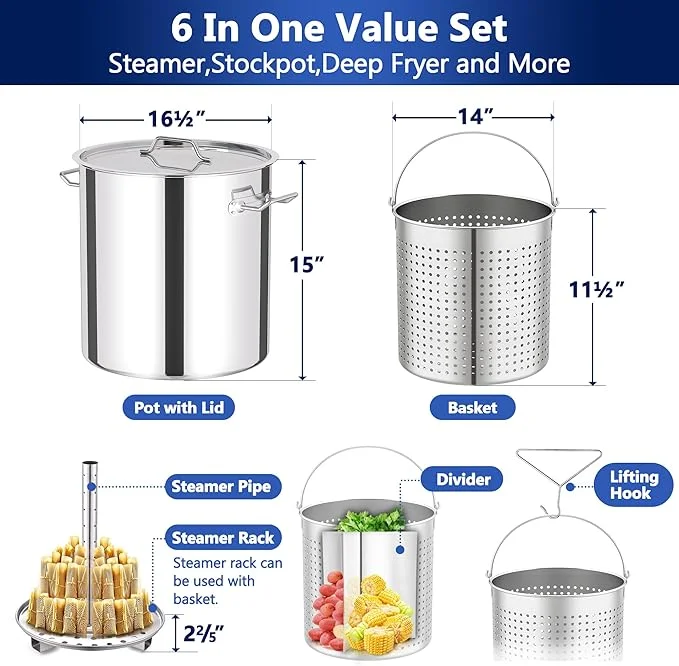 52QT Seafood Boiling Kit, 200,000BTU Propane Burner And Stainless Steel Crawfish Boil Pot w/Basket and Steamer Rack, For Outdoors Cooking and Steaming, Large Turkey Fryer Pot, Lobster Shrimp Pot