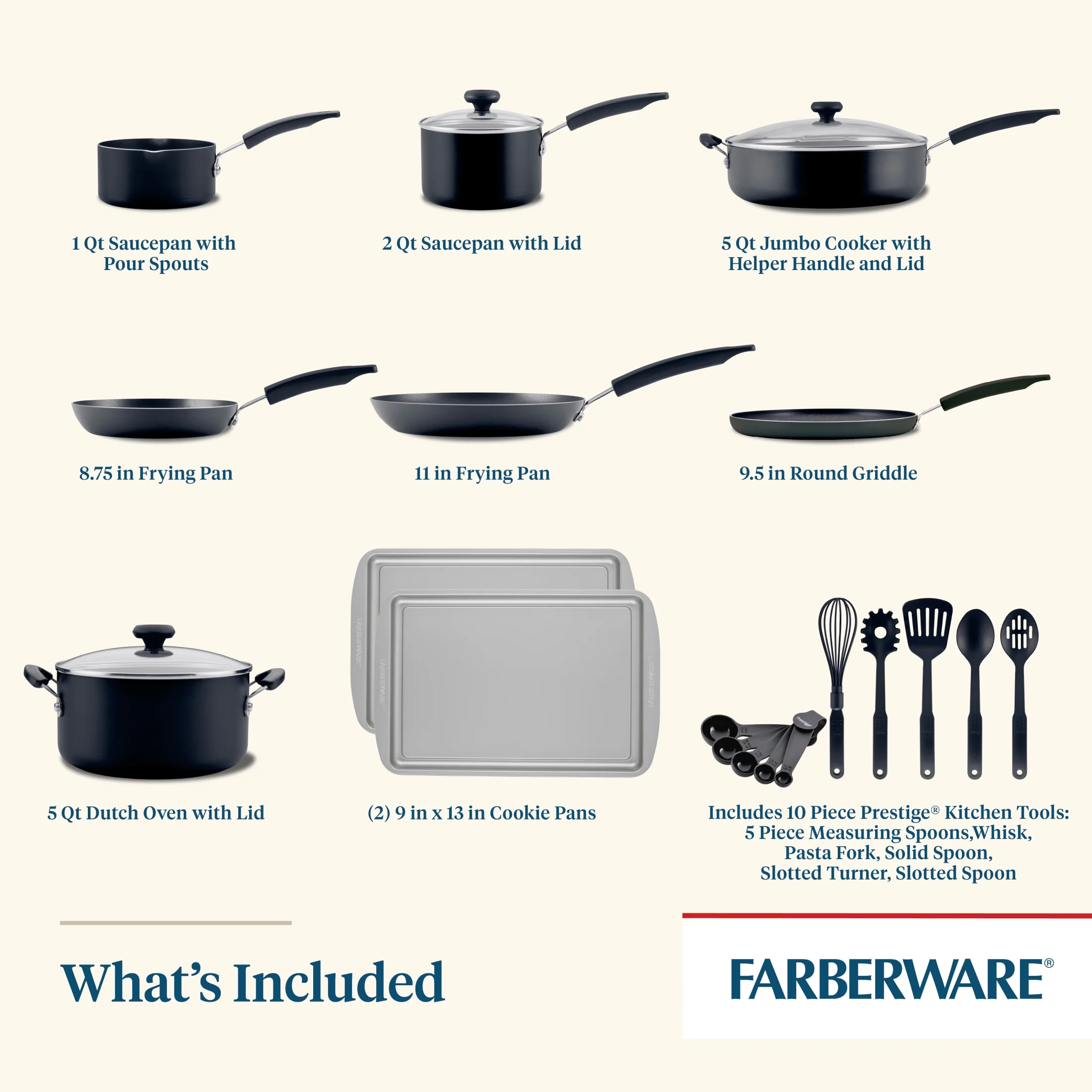 Farberware Easy Clean 22 Pcs Nonstick Cookware Set Includes Griddle Pan and Cooking Tools, Dishwasher Safe, Black