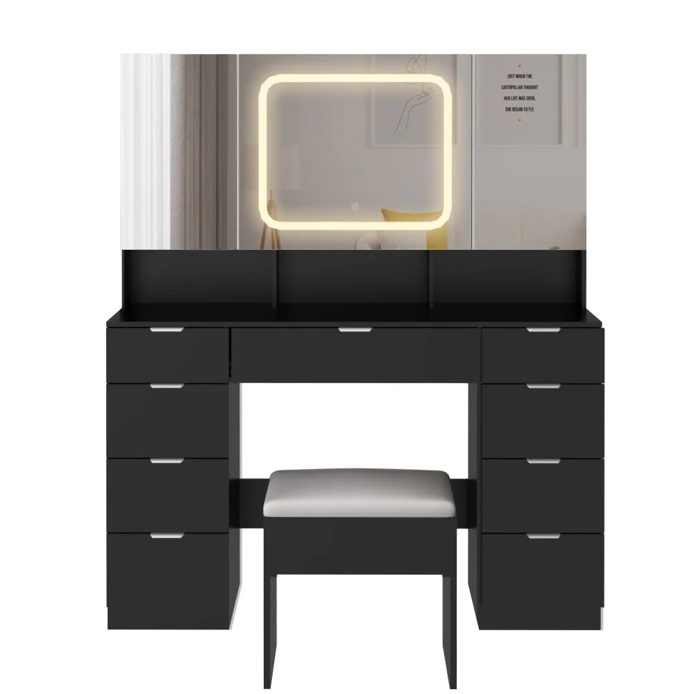 IVV Vanity Desk Set with Large LED Lighted Mirror & Power Outlet, Makeup Dressing Table with 9 Drawers and 3 Cabinets in Mirrored Doors, 47