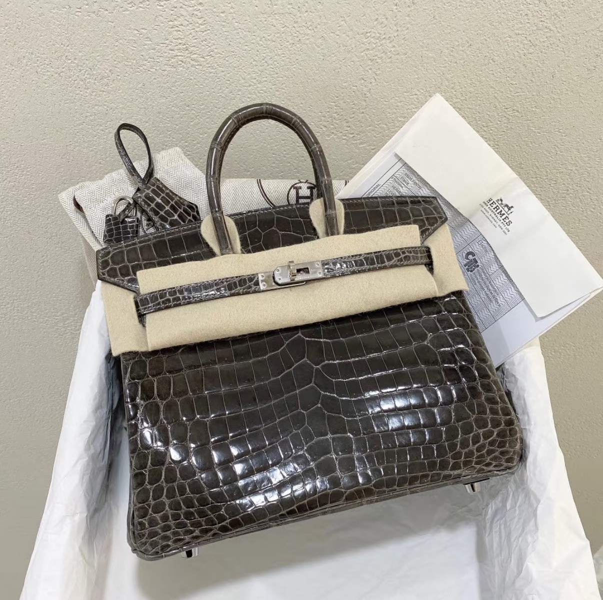 Hermès Brikin 25-30 graphite grey silver buckle custom crocodile leather