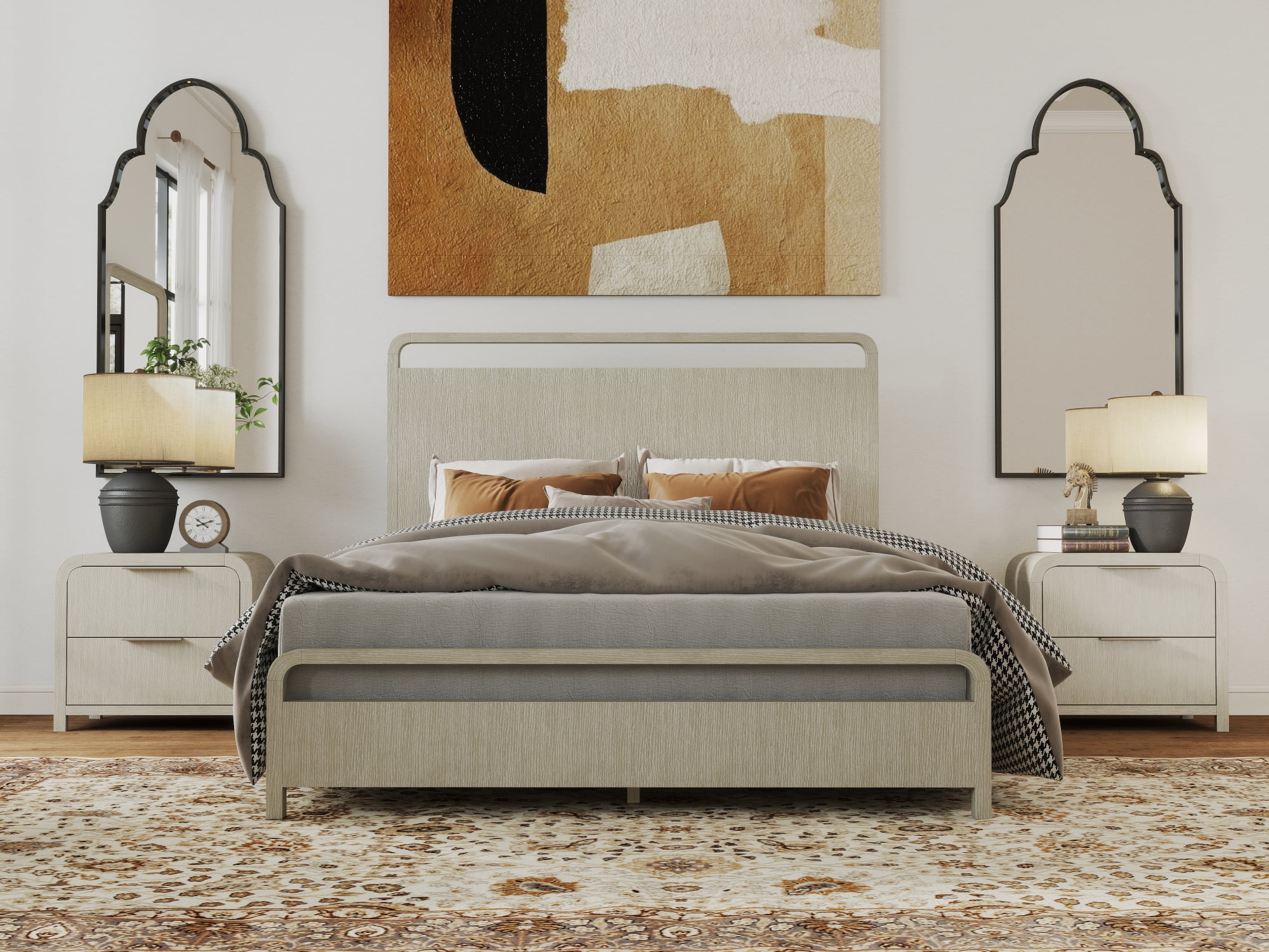 Roundhill Furniture Tavari 6-Piece Bedroom Set with Panel Bed, Dresser, Mirror, Two Nightstands, and Chest in Light Gray, King Size