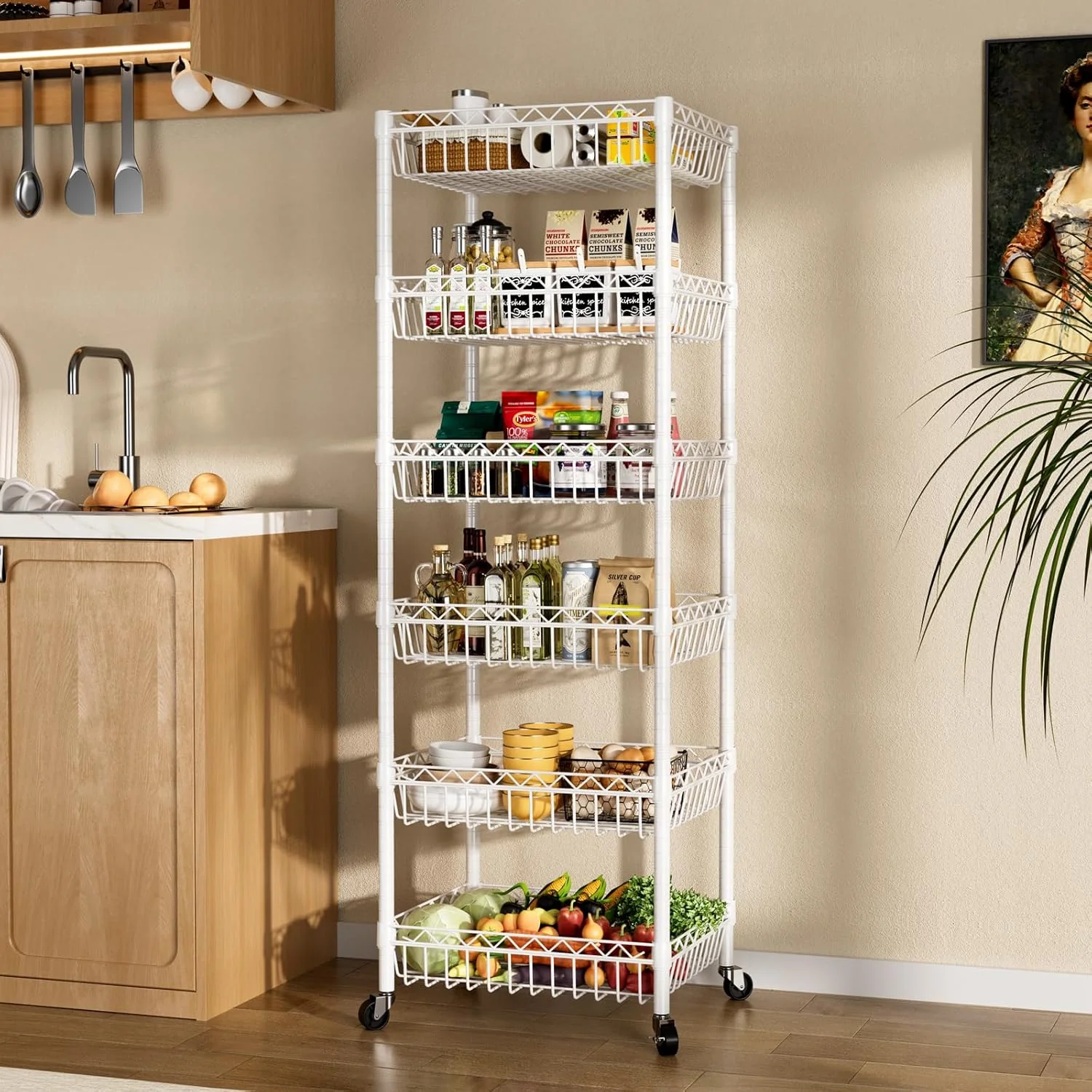 6 Tier Wire Shelving Unit with Wheels Baskets Storage Rack Corner Shelves Adjustable Shelf Closet Bathroom Organizers Metal Pantry Kitchen Garage Laundry Room 13.5