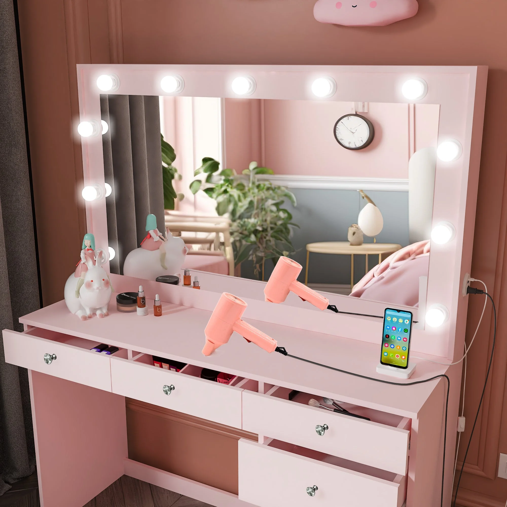 Ember Interiors Peggy Vanity Desk with Lighted Mirror and USB Ports