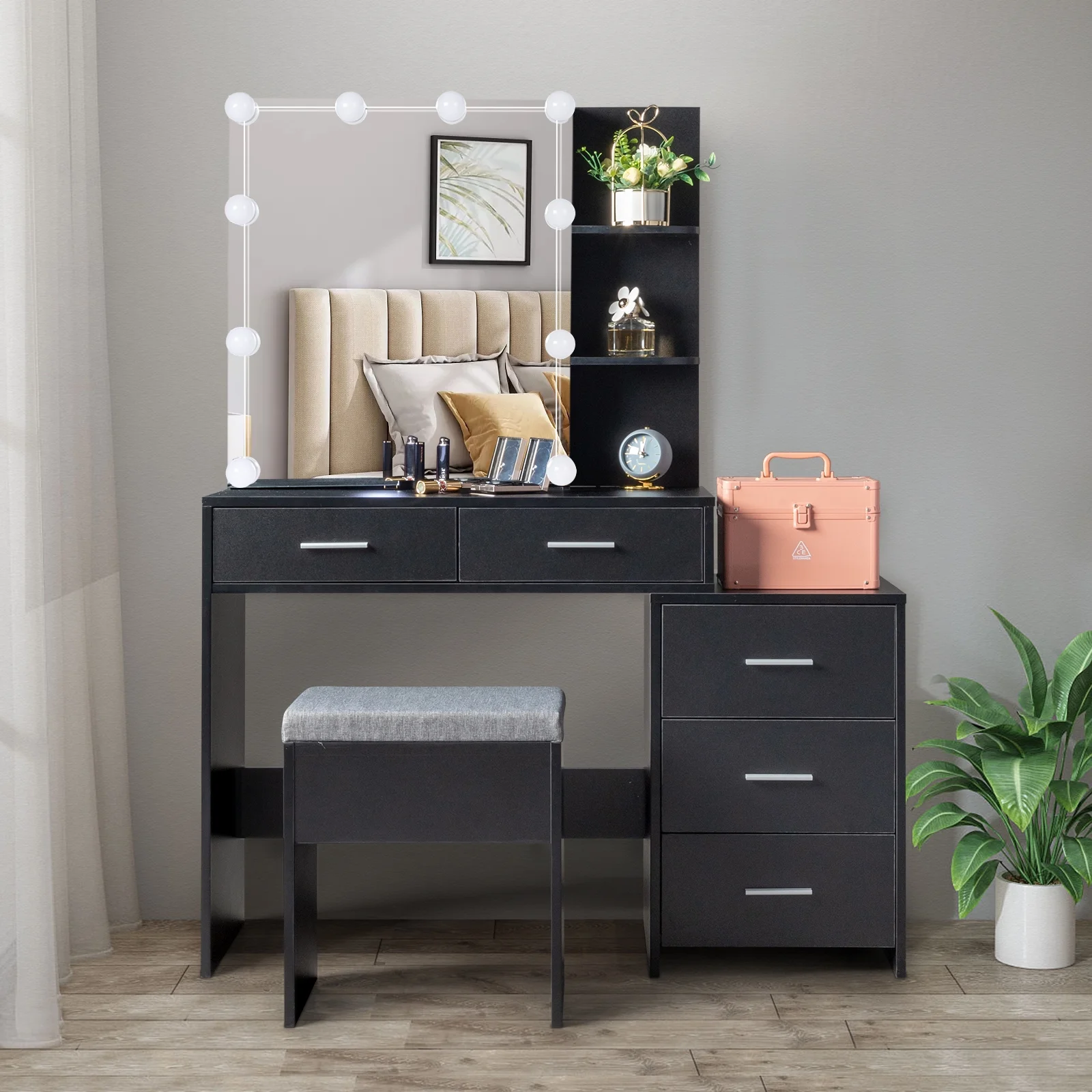 Ktaxon Flutted Makeup Vanity Table Set with 5 Drawer, Dressing Table w/Charging Station, Vanity Desk for Femal Gift, White