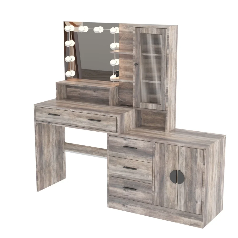 IVV Vanity Desk with Lighted Mirror and Charging Station, Makeup Dressing Table with 5 Drawers and Storage Cabinet, 10 LED Bulbs, 3-Color Lighting Modes, Brightness Adjustable, Black