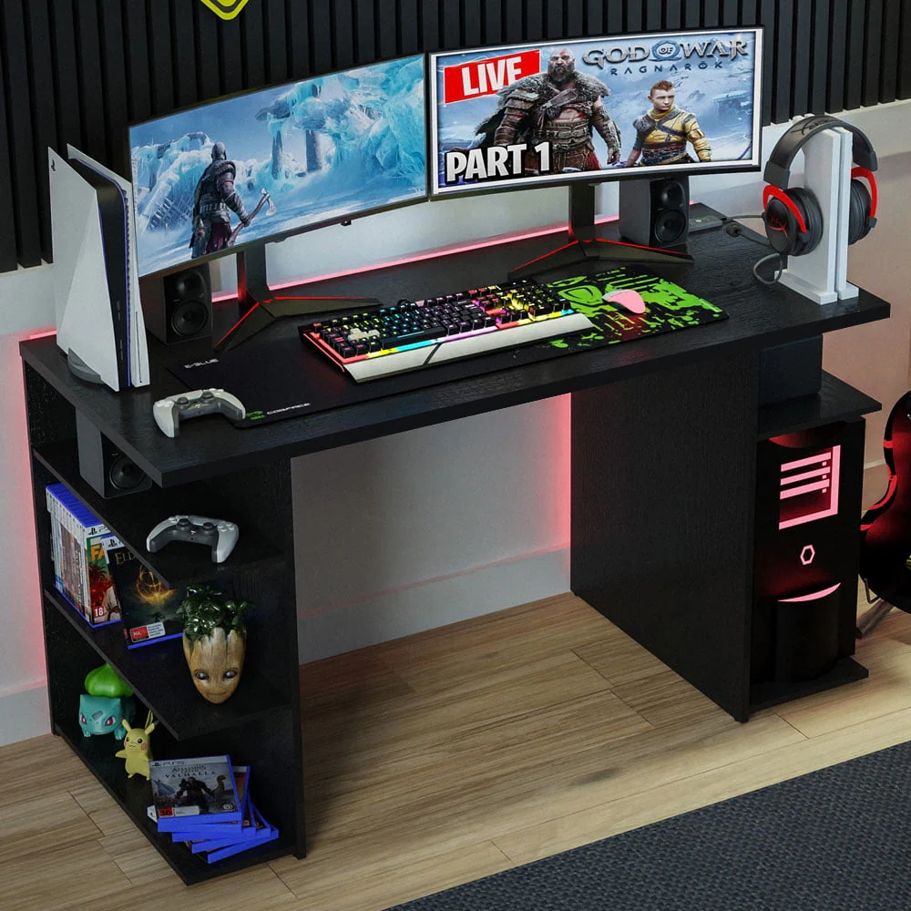 Madesa 53 inch Gaming Computer Desk with Shelves, Home Office Desk Writing Workstation, Wood - Black