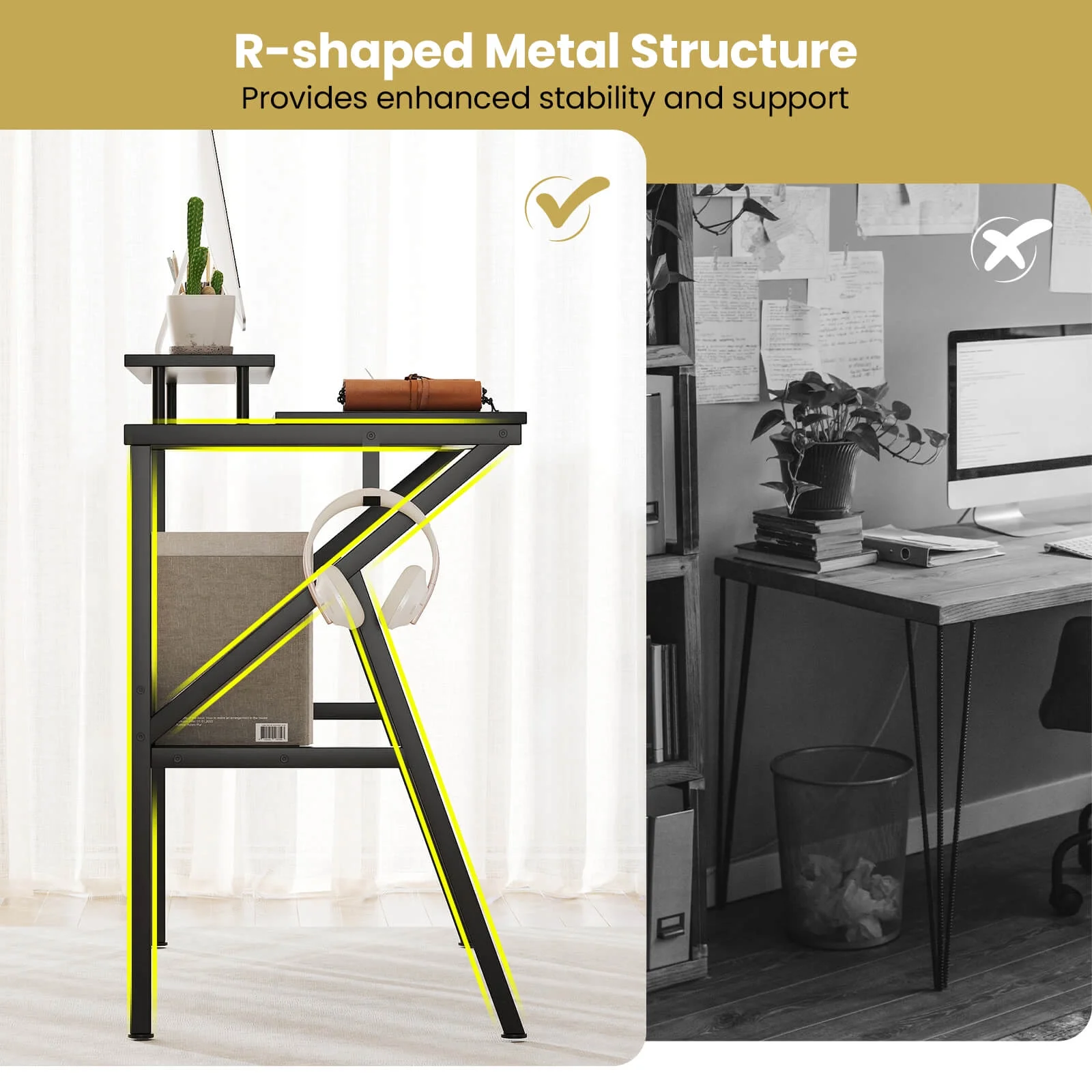 Costway Home Office Desk with Monitor Stand, Open Shelf & Metal Frame, Earphone Hook White