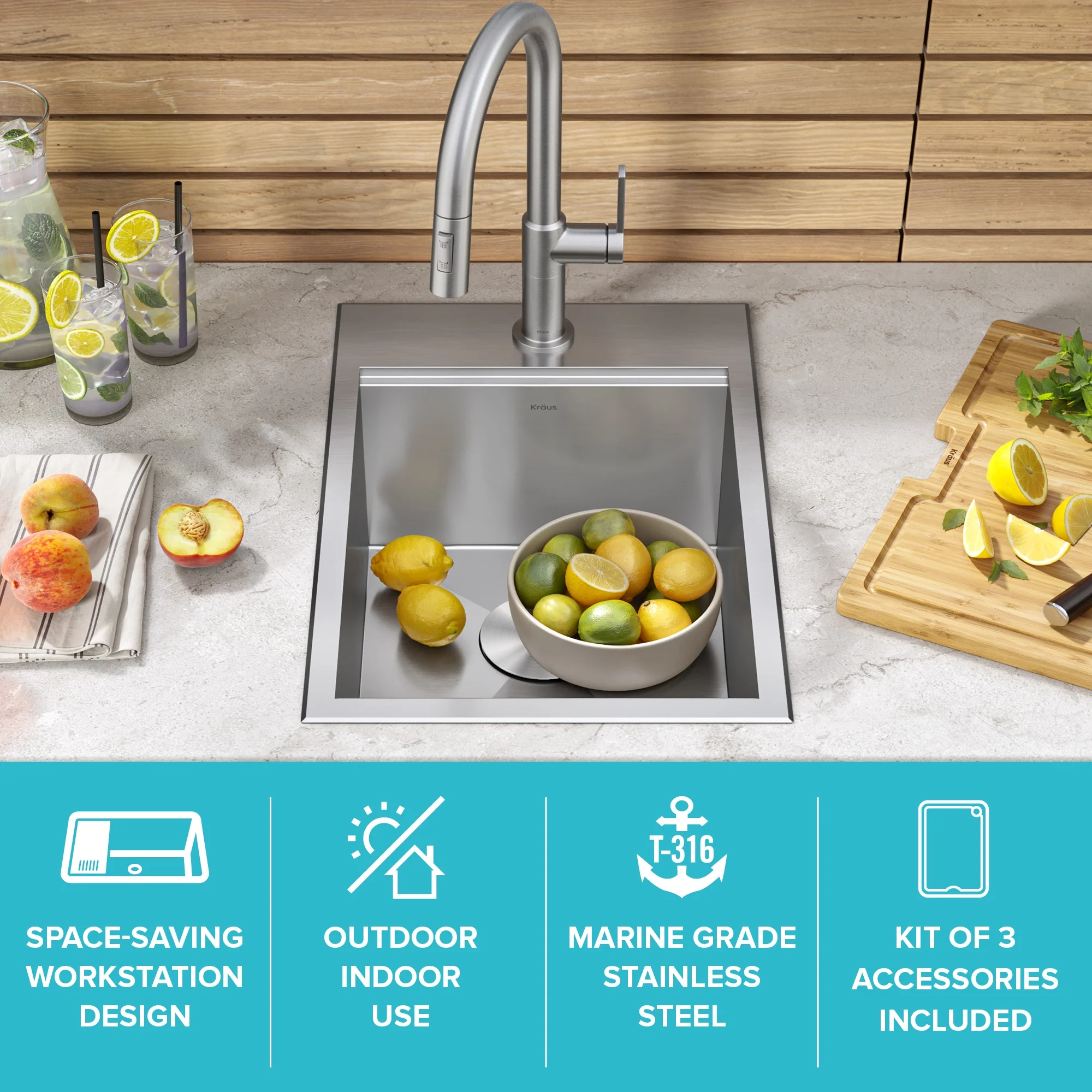 Kraus Kore 15 Outdoor Workstation Drop-In 16 Gauge Marine Grade T-316 Stainless Steel Single Bowl Kitchen Bar Sink with Accessories