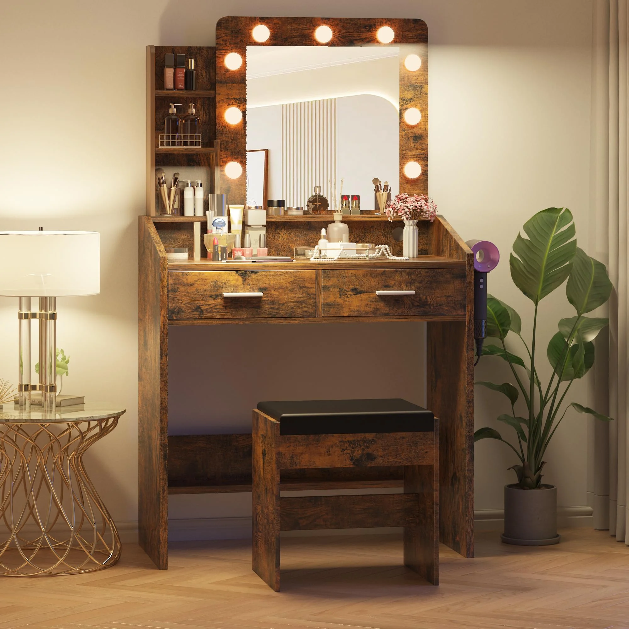 Yeshouse Vanity Desk with Mirror and Lights, White Makeup Vanity with 2 Drawers, 3 Light Mode and Brightness Adjusted, Makeup Table for Bedroom, Desk and Chair