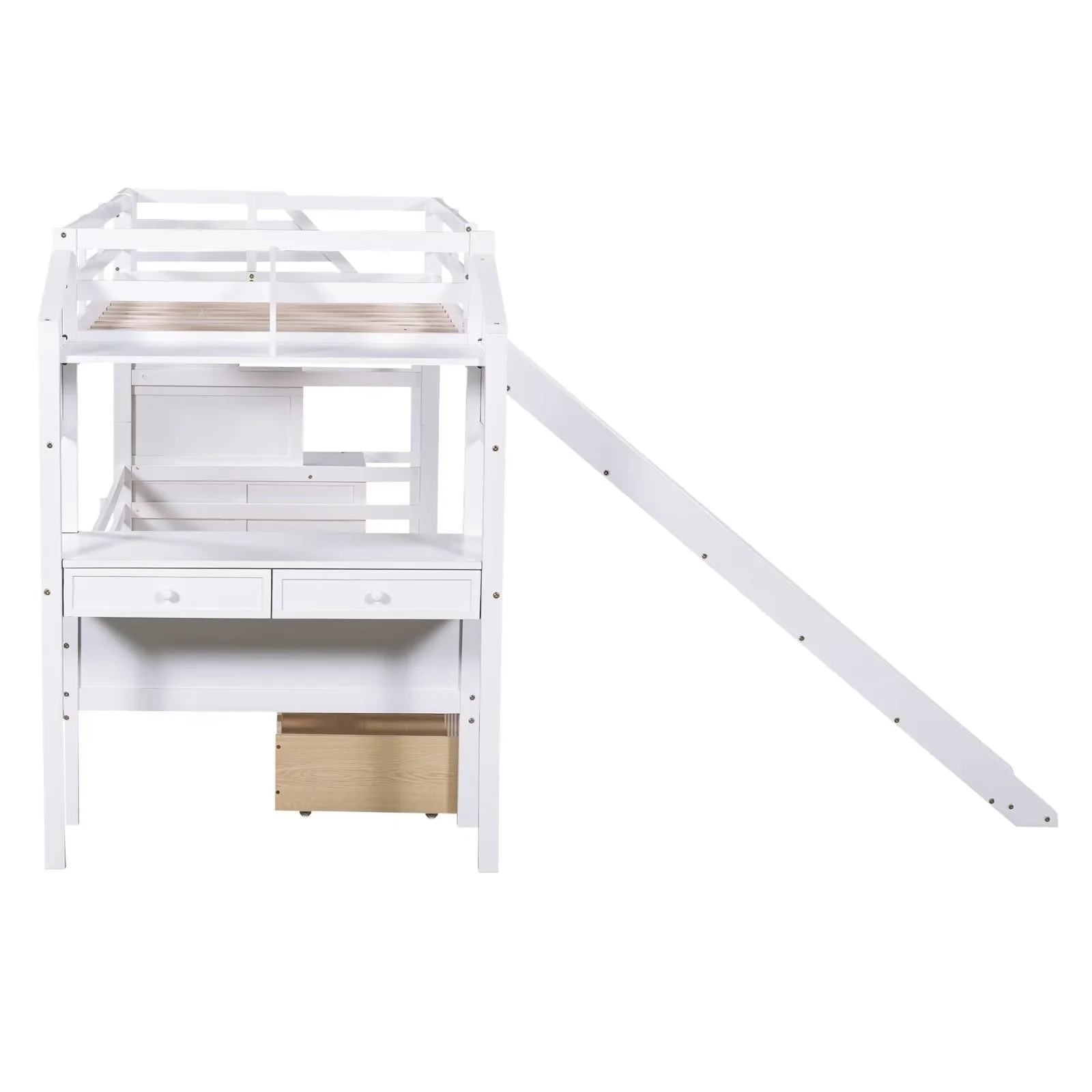 Twin over Twin Bunk Bed Frame with Storage Staircase, Slide and Drawers, Desk with Drawers and Shelves, Multifunctional Wooden Platform Bed with Safety Guardrails, White