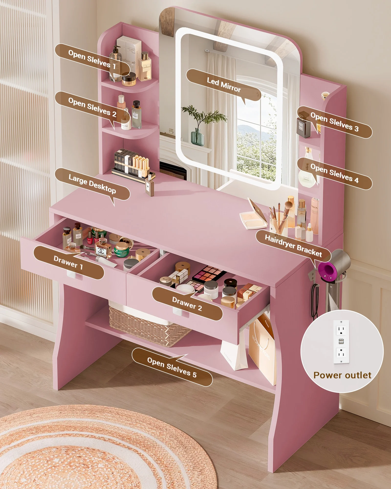 LIVELYGLOW Vanity Desk Set with Square Mirror and Light- Small Vanity Table with Drawers- White
