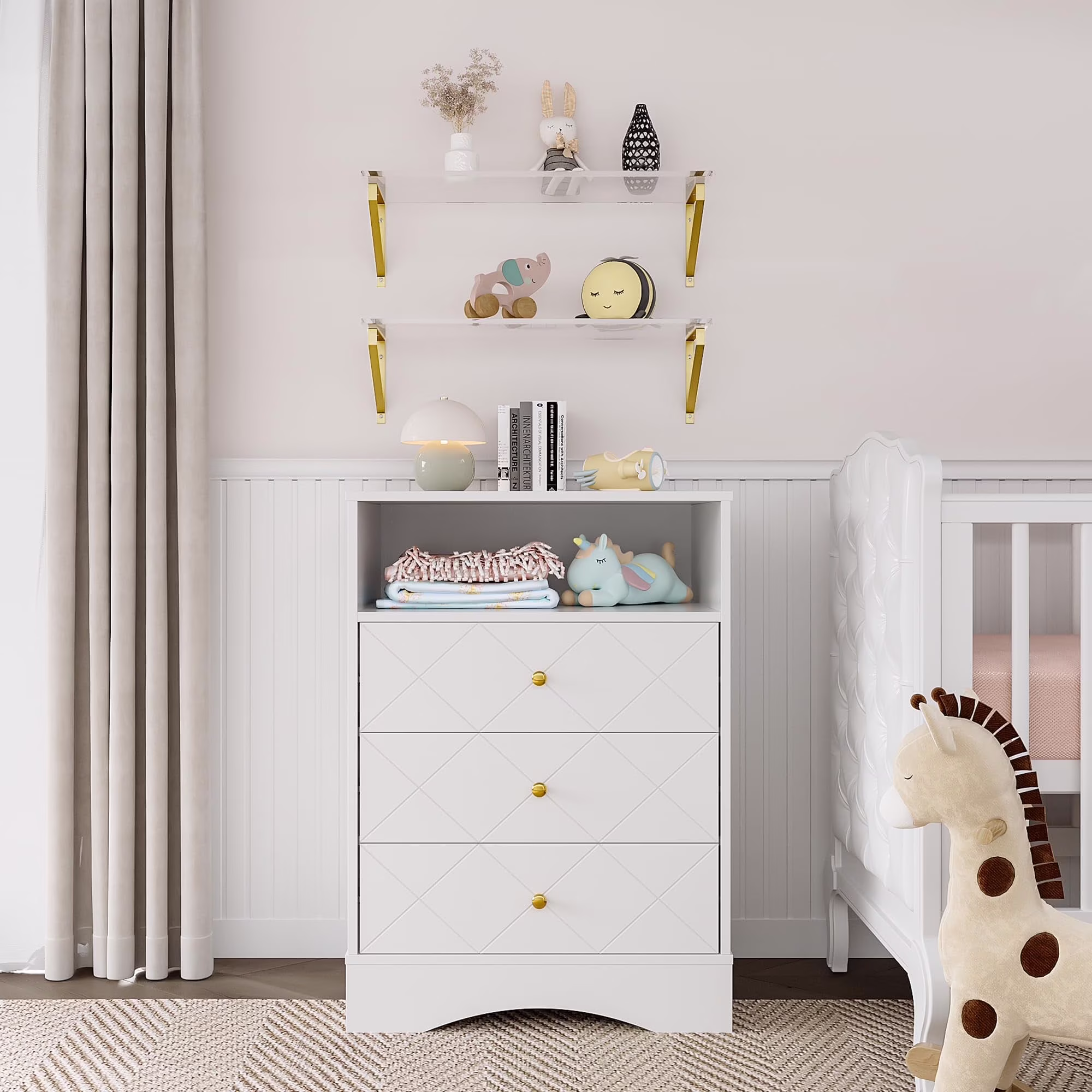 May Color Large White 3 Drawer Dresser Set of 2 with Fluted Panel, Modern Chest of Drawers with Silent Slide Drawers, Wood Accent Nightstand with Storage for Bedroom Living Room, Hallway