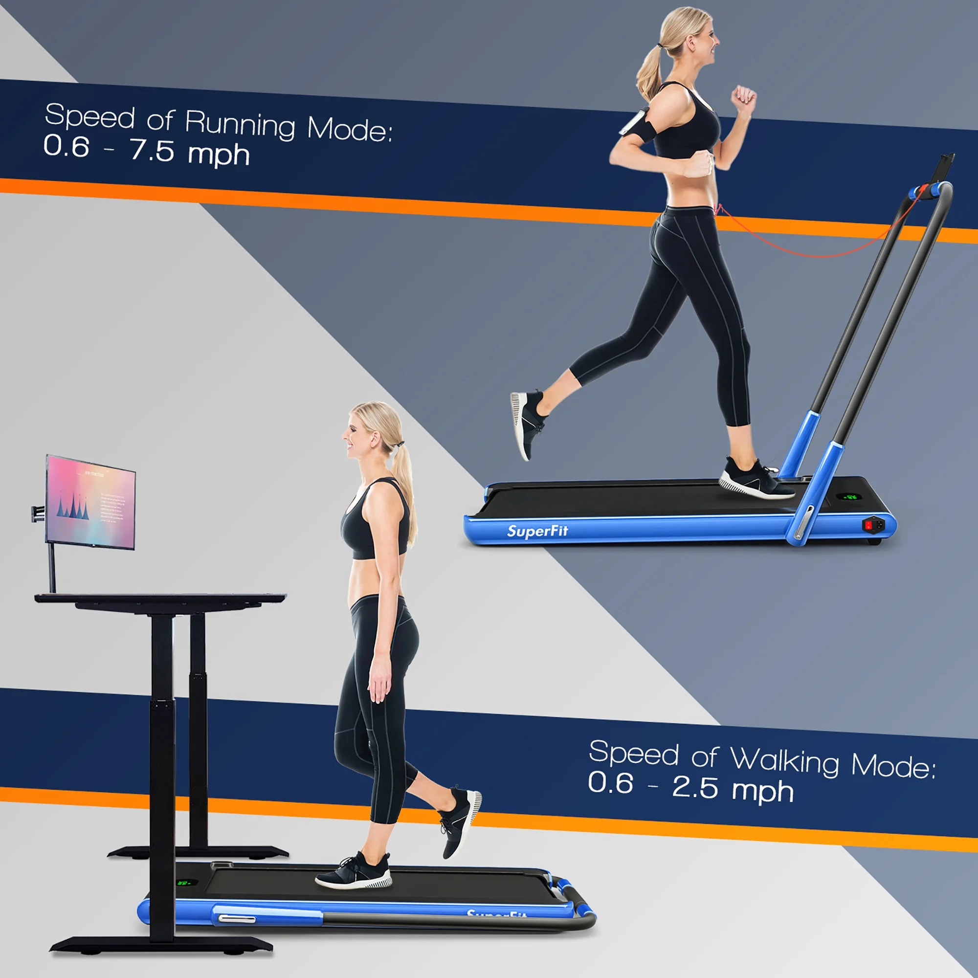 SuperFit Up To 7.5MPH 2.25HP 2-in-1 Folding Under Desk Treadmill W/Speaker Controller APP, Single Display Screen Silver