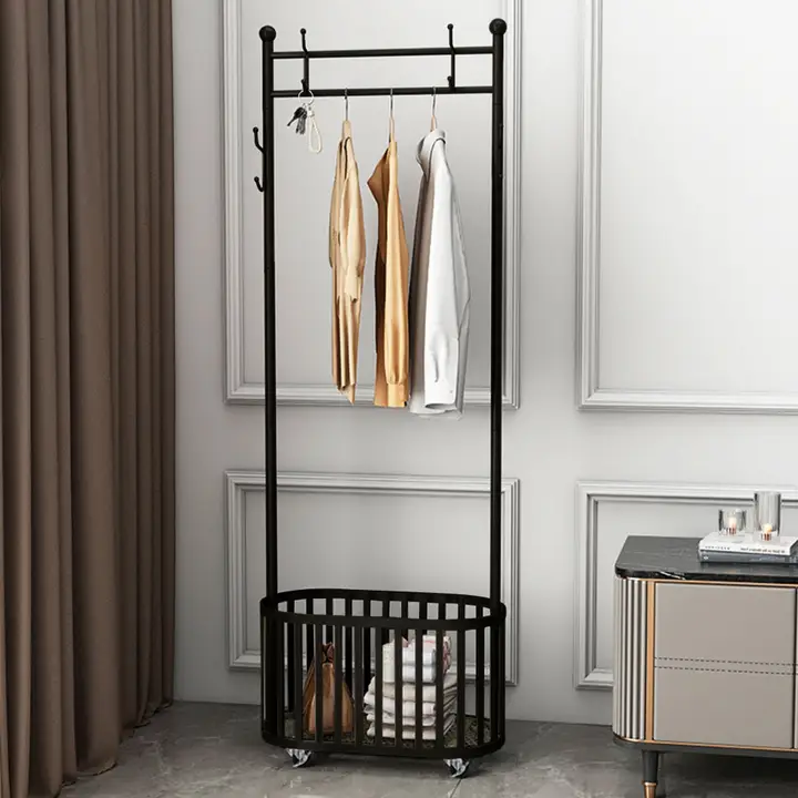 Metal Rolling Garment Rack with Basket & Wheels
