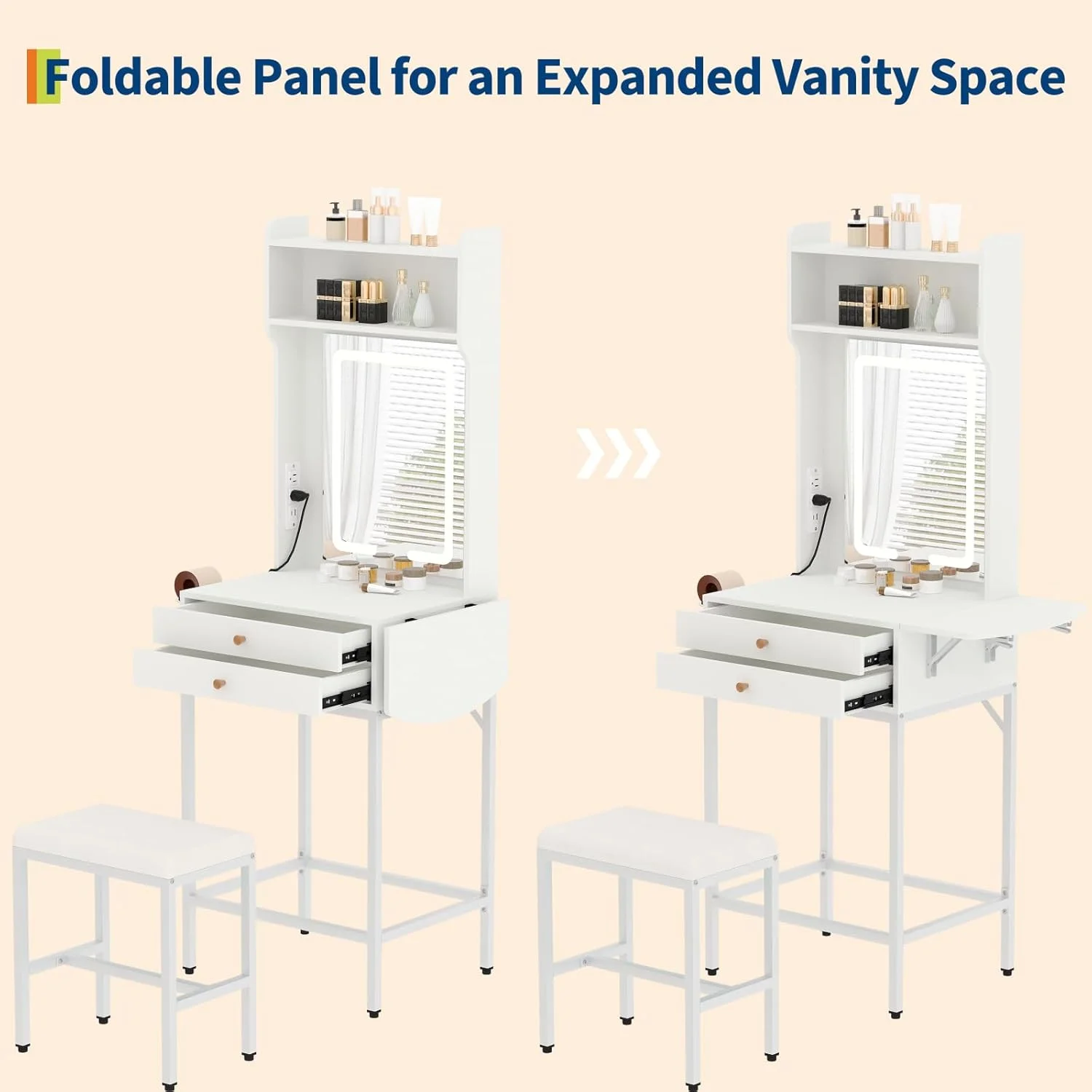 Small Makeup Vanity Desk with Mirror and Lights,Vanity Table Set with Storage Drawer,Hair Dryer Holder,Fold-Up Panel,Stool and Shelves,Compact Makeup Dressing Table for Bedroom Apartments
