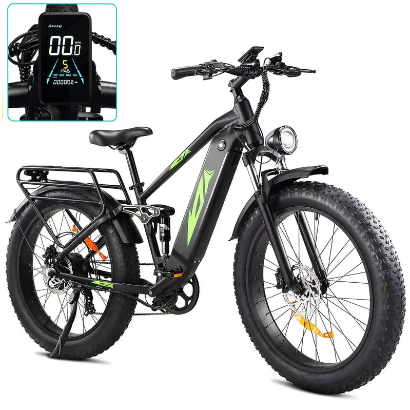 1000W Full-Suspension Fat-Tire Electric Mountain Bike – 48V 17.5Ah Battery. 26″. Up to 28 MPH