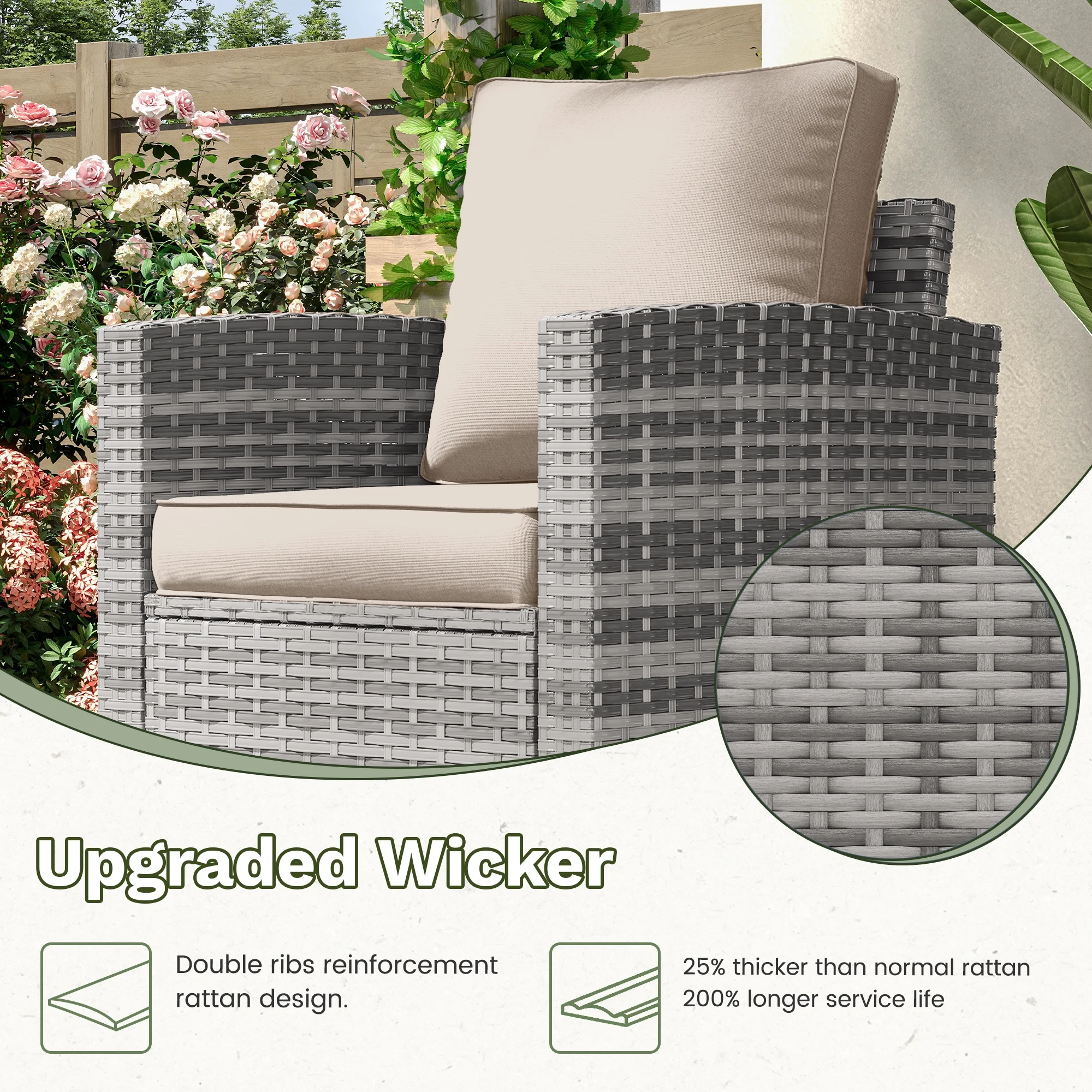 POTEBAN Patio Furniture Set, 7 Pieces Outdoor Sectional Sofa Couch with Chairs, Ottomans and Comfy Cushions, All Weather Wicker Rattan Patio Conversation Set for Garden Backyard Dark Grey