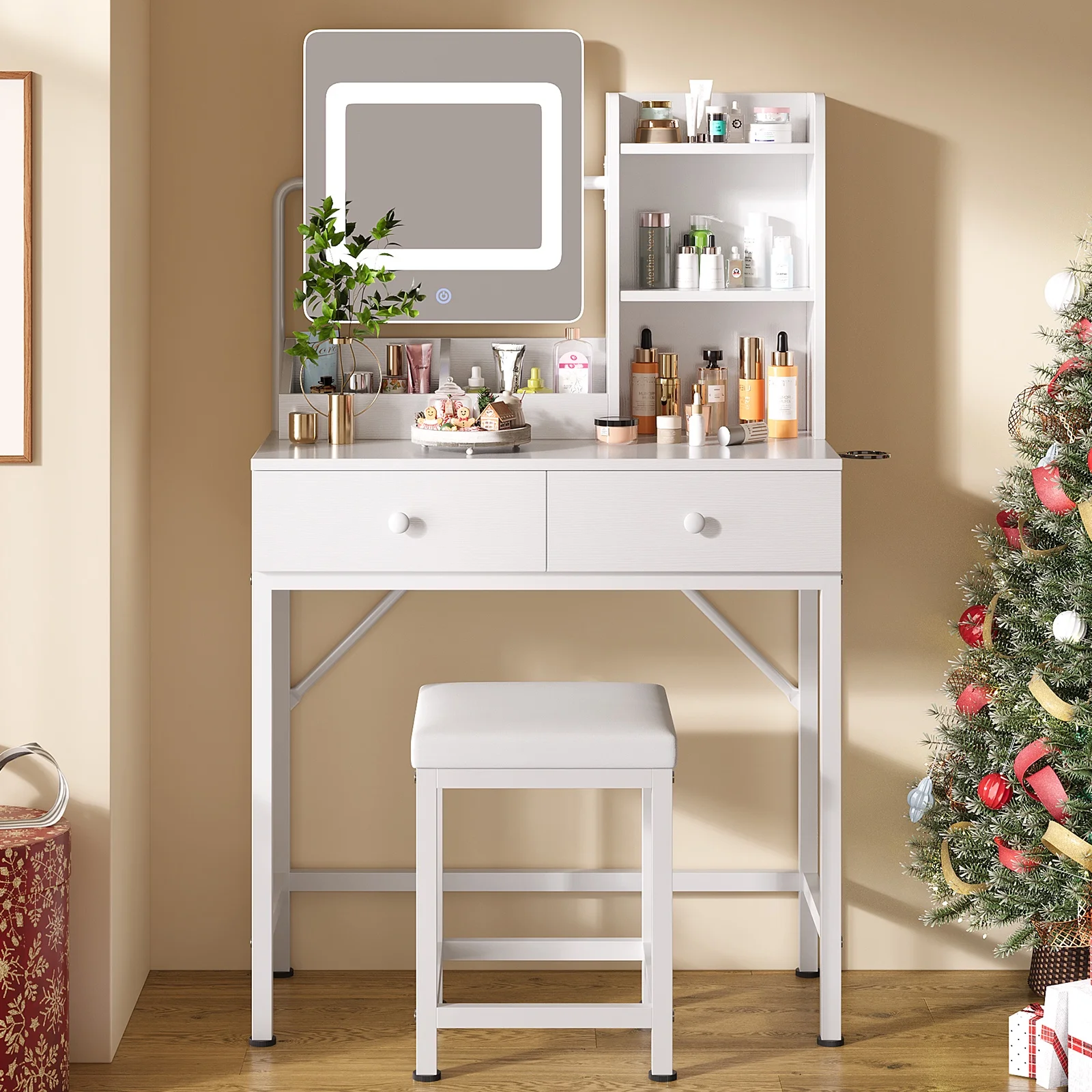 Asofer Vanity Desk with Mirror and Adjustable Light, White Makeup Vanity Set with 5 Drawers for Bedroom, Dressing Room