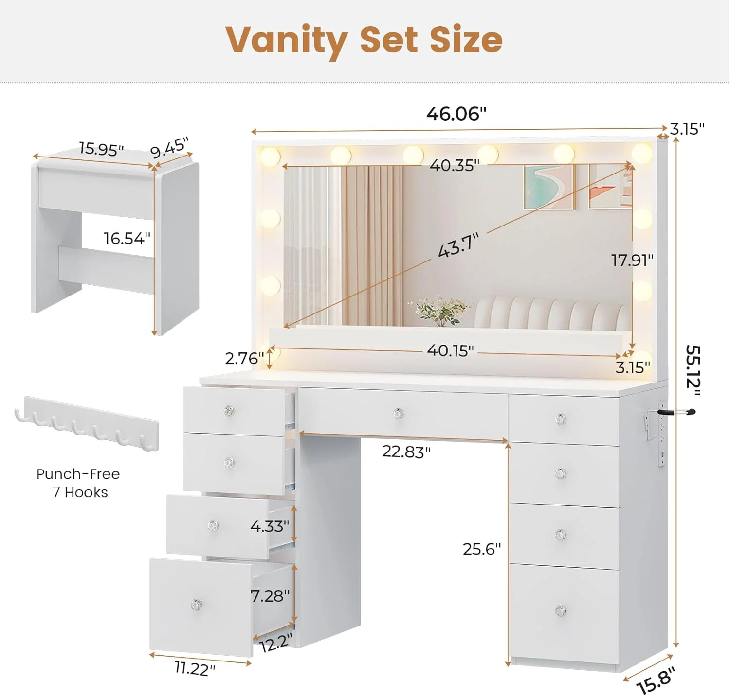 Aunfebrco White Vanity Desk Makeup Vanity Table with Mirror and Lights and Charging Station, Large Dressing Table with Storage Cabinet&6 Drawers&4 Storage Shelves for Bedroom