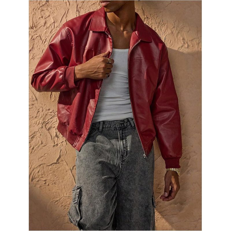 Men's Leather Jacket Zip Up Collared Bomber Jackets with Pockets