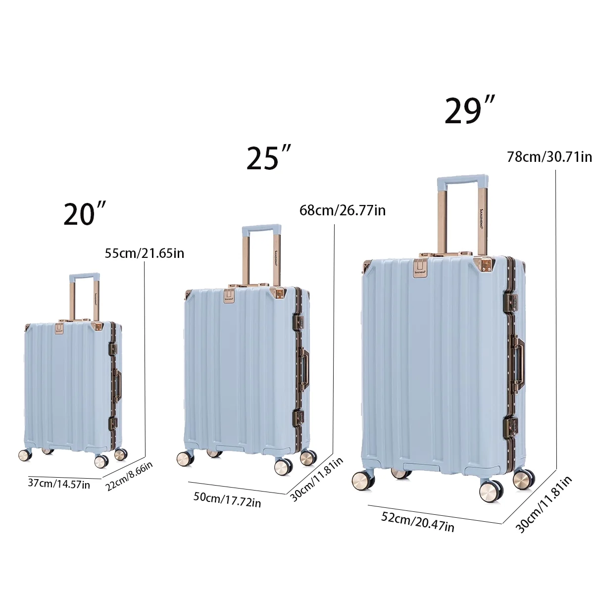 The luggage set is expandable into three sets, with an aluminum frame, password lock and double wheels, suitable for travel, business trips and school (20/24/28 IN)