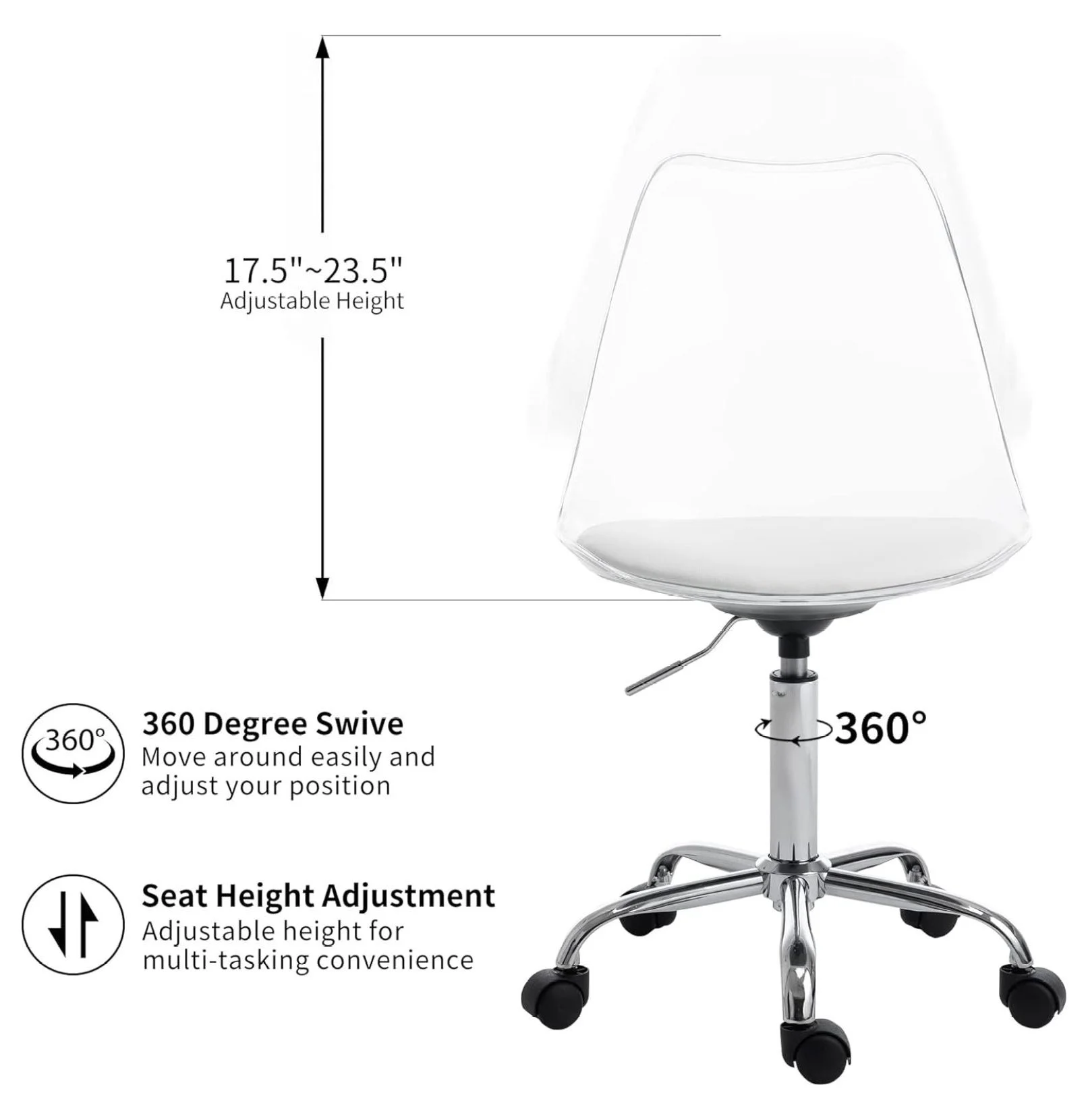 saney Clear Rolling Chair, Armless Desk Chair with Golden Feet Swivel Molded Plastic Shell Adjustable Home Office Chair with Wheels, Clear