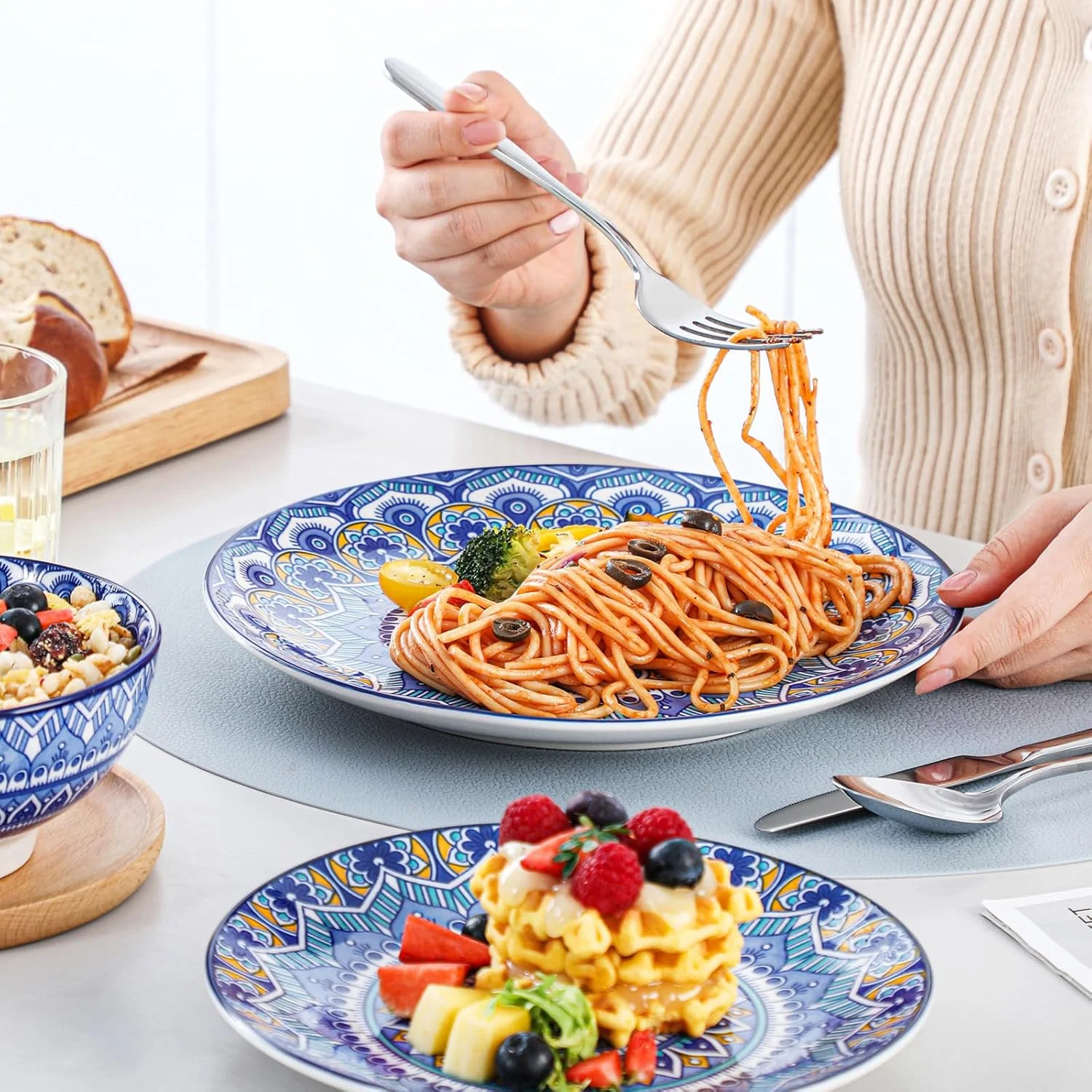 Mandala12 Pieces Dinnerware Sets, Porcelain Dinner Set for 4, Boho Plates and Bowls Set, Colorful Dish Sets