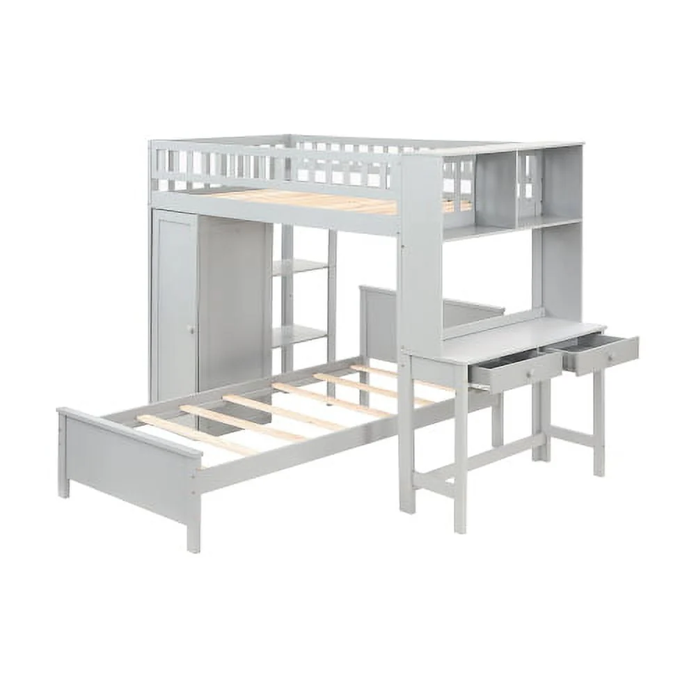Twin Loft Bed with Closet & Desk, Wood Bed Frame with Movable Bed, Bunk Bed for Kids Adult, Gray