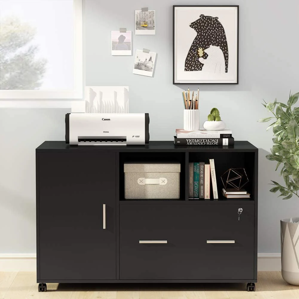 Tribesigns File Cabinet with Lock and Drawer,  Mobile Lateral Filing Cabinet Printer Stand with Wheels and Storage Shelves for Home Office, Letter/Legal/A4 Size(Black)