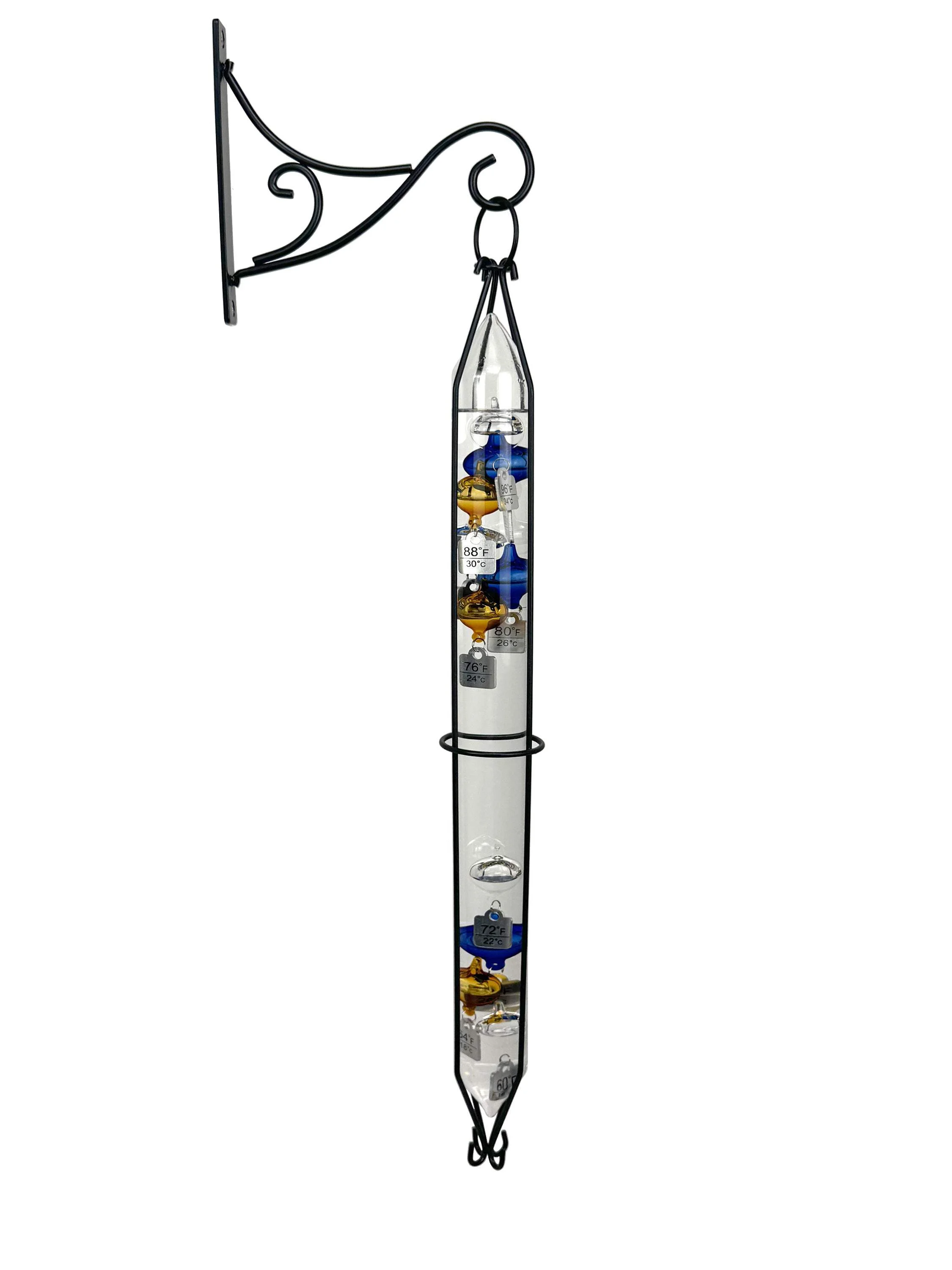 Glassic Gifts Outdoor Hanging Galileo Temperature Gauge, Colored Glass Orbs with Free Bracket