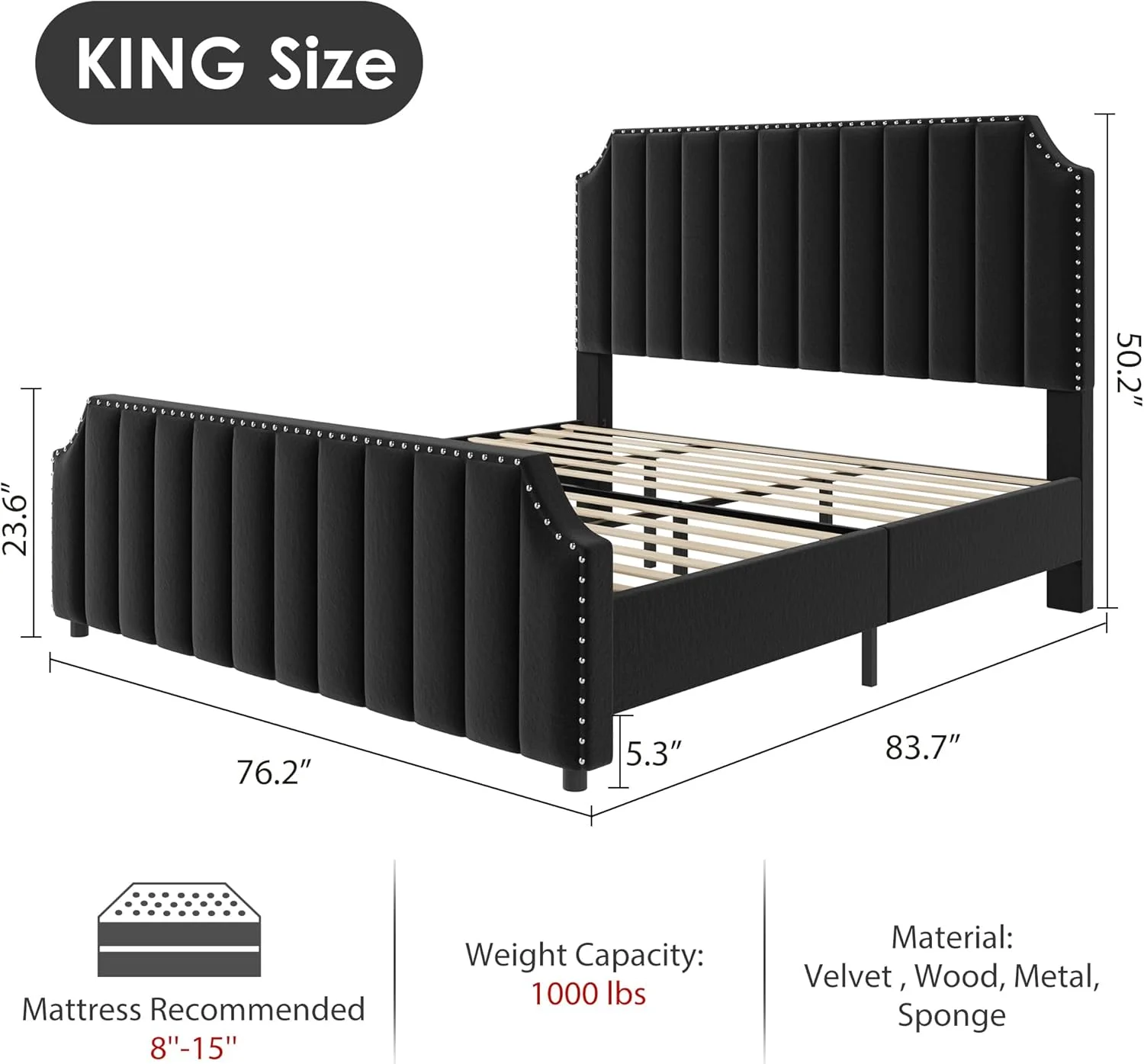 Garvee King Size Platform Bed Frame, Velvet Upholstered with 50.2