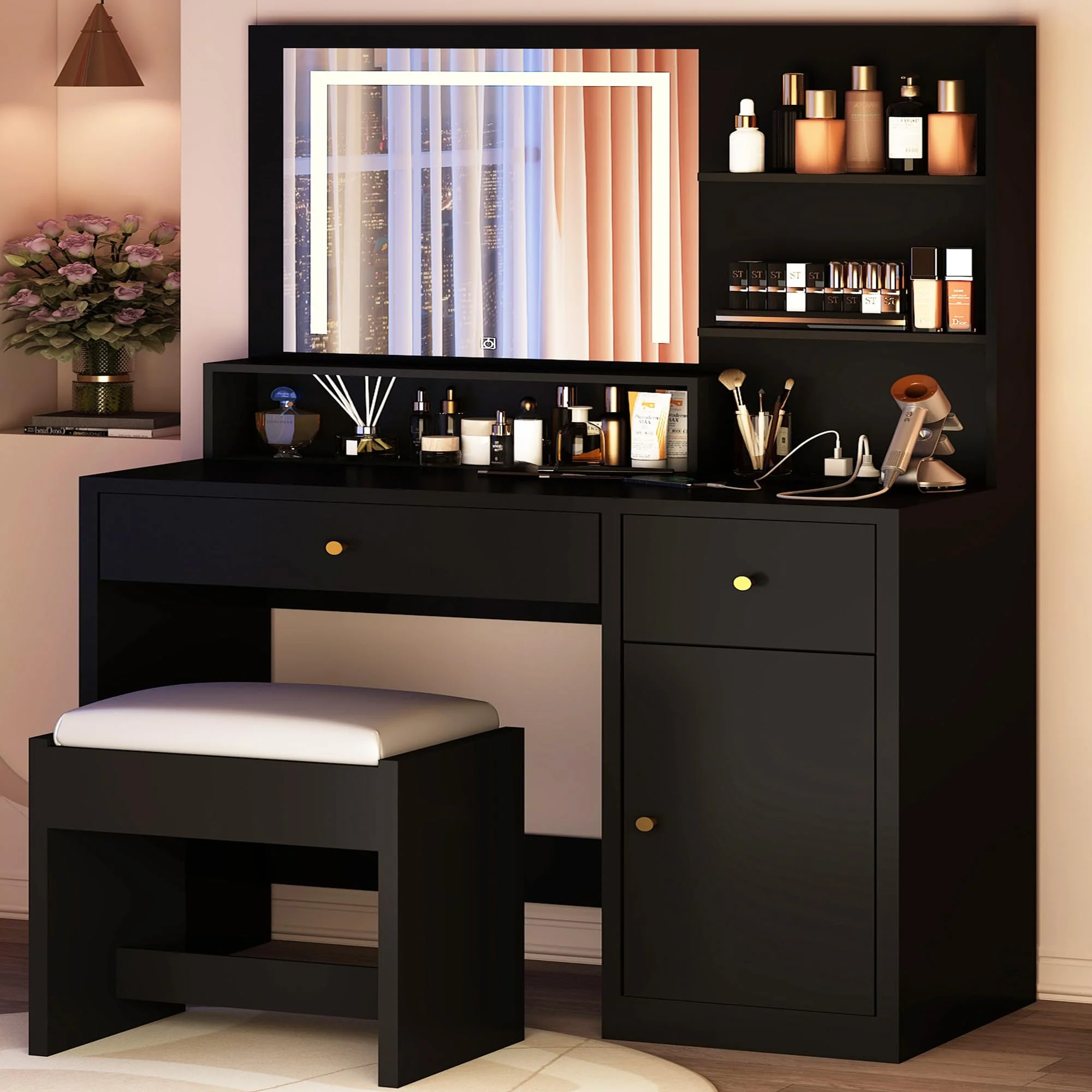 ChVans White Vanity Desk with Lighted Mirror & Charging Station, Vanity Table Set w/3 Storage Shelves,2 Drawers,Storage Cabinet & Makeup Vanity Cushioned Stool(White-37