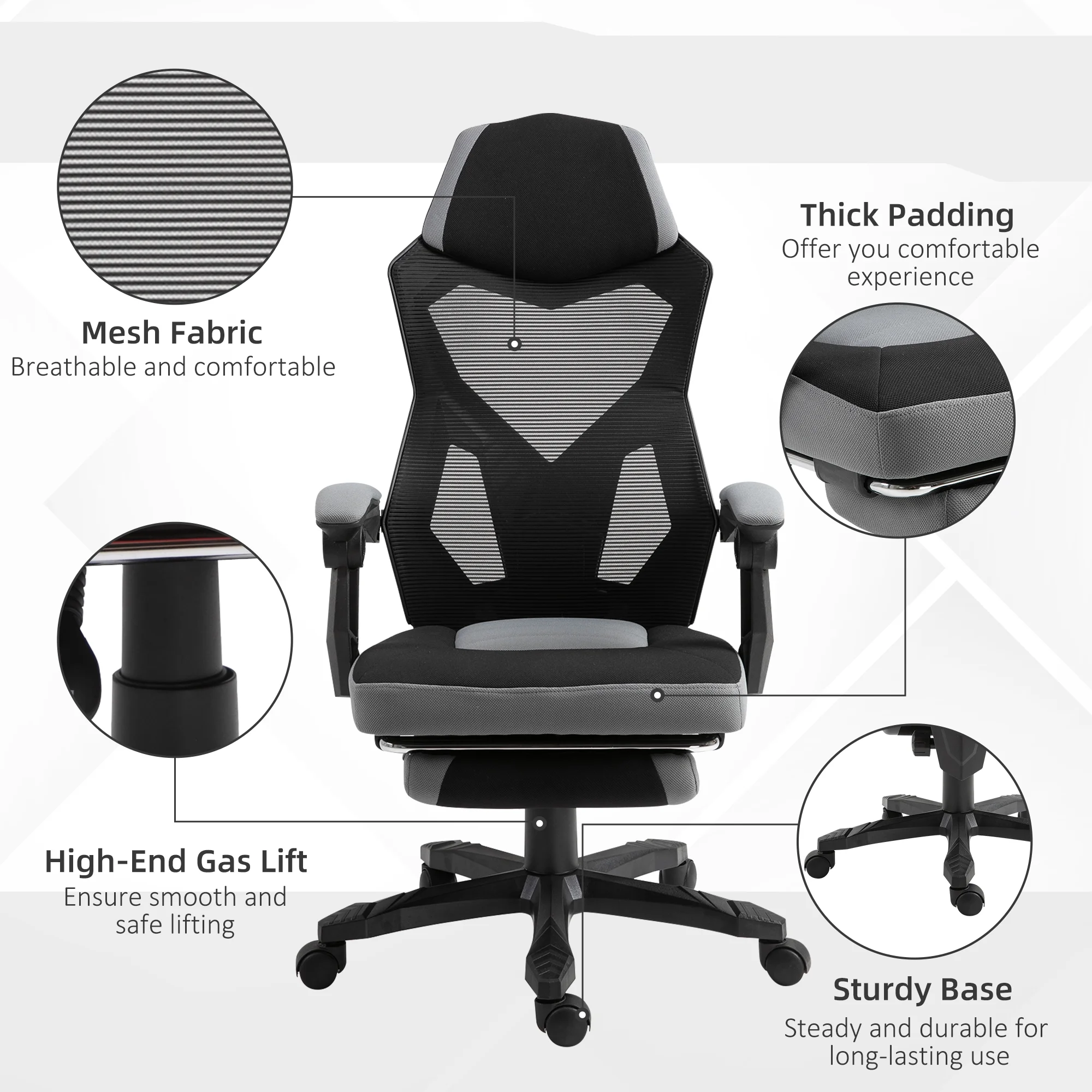 Vinsetto Ergonomic Home Office Chair High Back Armchair Computer Desk Recliner with Footrest, Mesh Back, Lumbar Support and Wheels, Gray