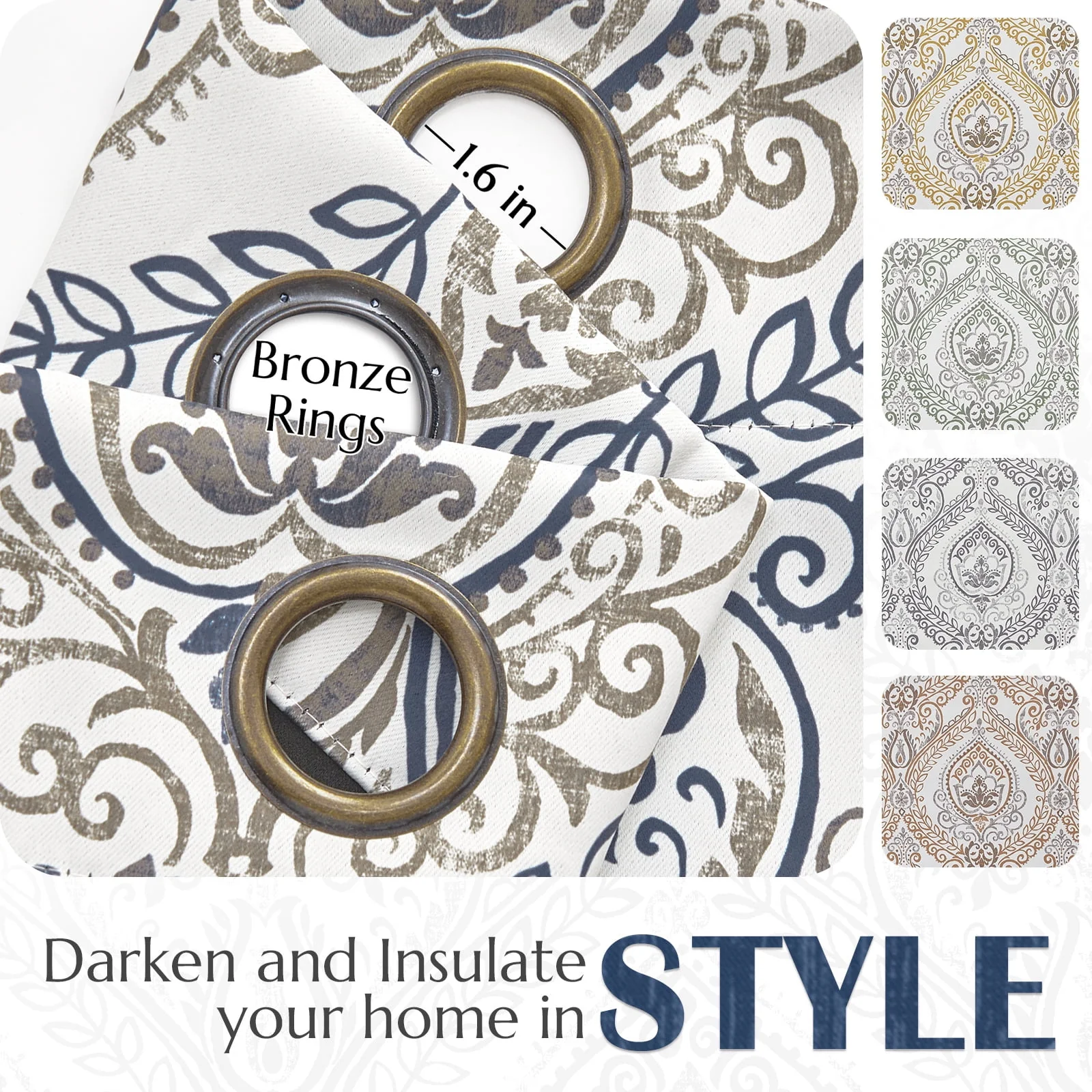 Curtainking 100% Blackout Curtains 84 in Blue Damask Medallion Window Curtains for Bedroom Grommet Thermal Insulated Drapes for Living Room Vintage Luxury Window Treatments Set 2 Panels
