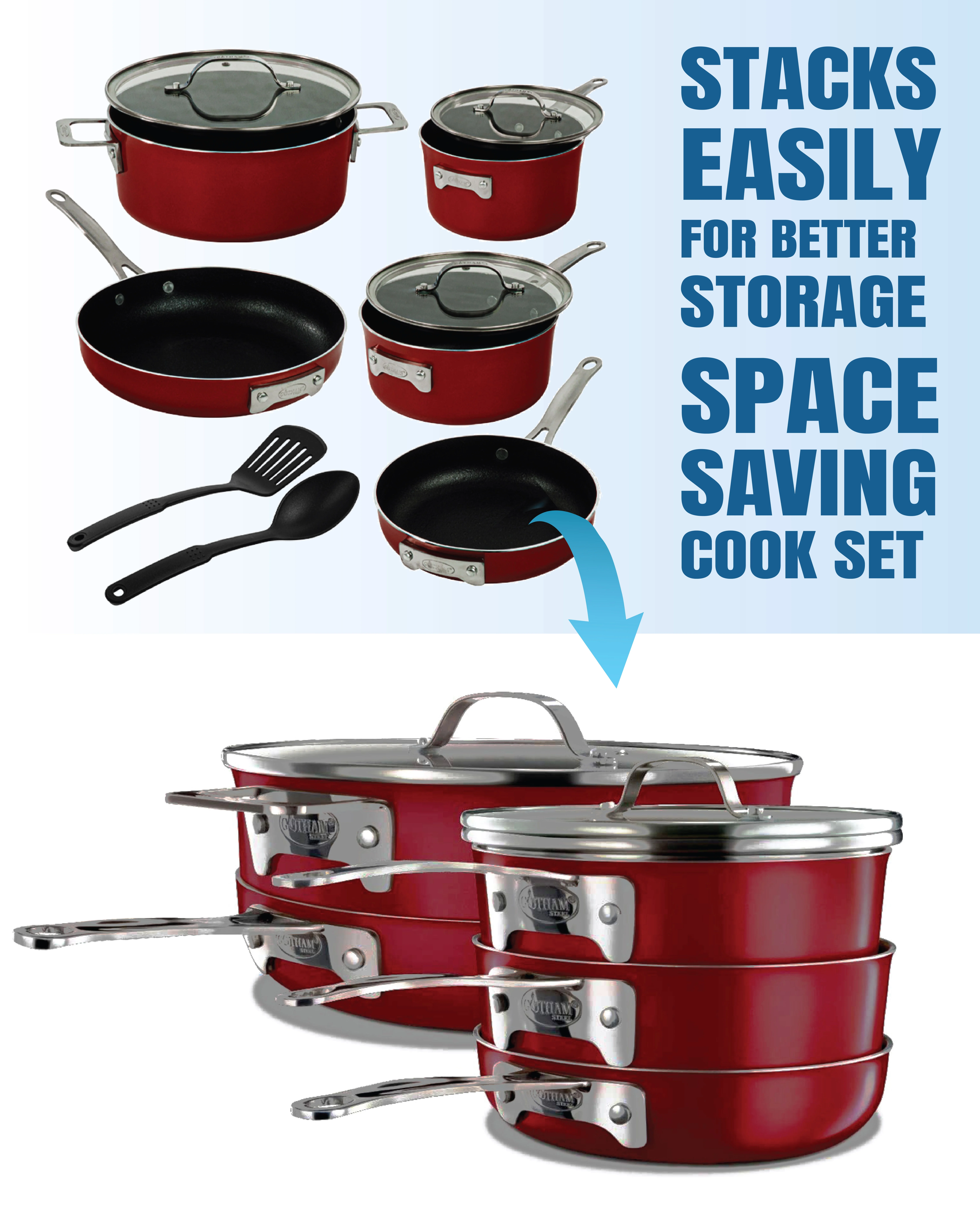 Gotham Steel Stackmaster 10 Pc Copper Pots and Pans Set Non Stick Cookware Set with Kitchen Utensils, Induction Ready, Non Toxic Nesting Design for 50% Space Saving, Oven and Dishwasher Safe