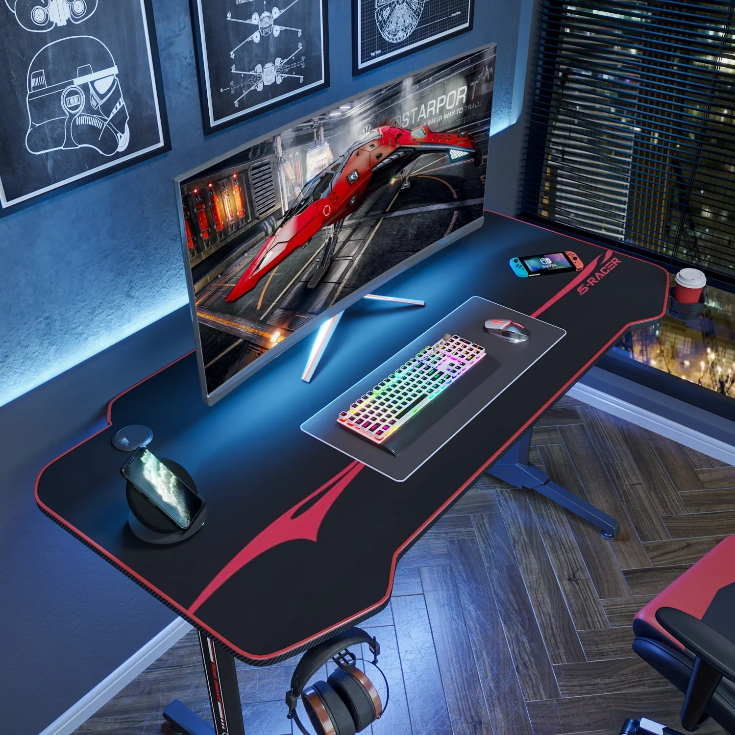 Homall 43 inch T-Shaped Legs Computer Gaming Desk Carbon Fiber Surface Gaming Desk with Cup Holder & Headphone Hook, Black