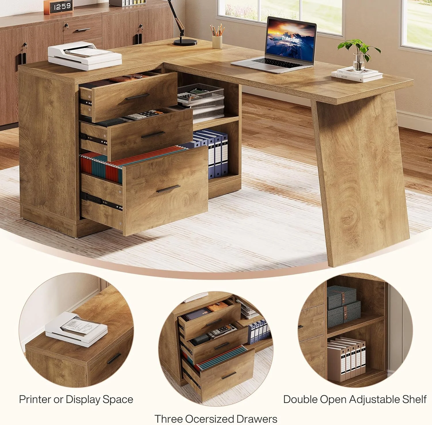 55-Inch L Shaped Computer Desk with 3 Drawers, Corner Home Office Desk with Storage Shelves