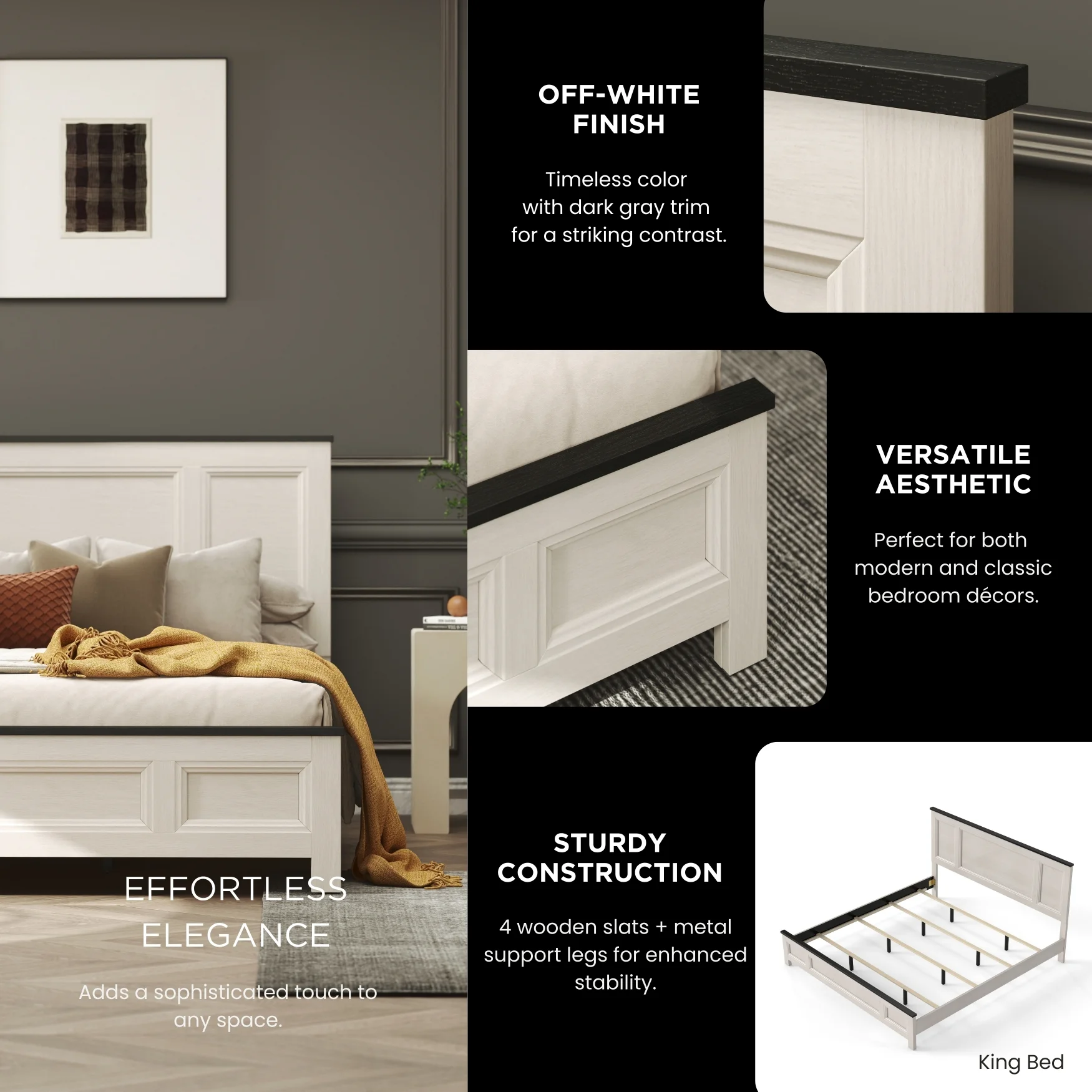 Roundhill Furniture Realynn 3-Pc Bedroom Set, King Panel Bed, 2 Nightstands
