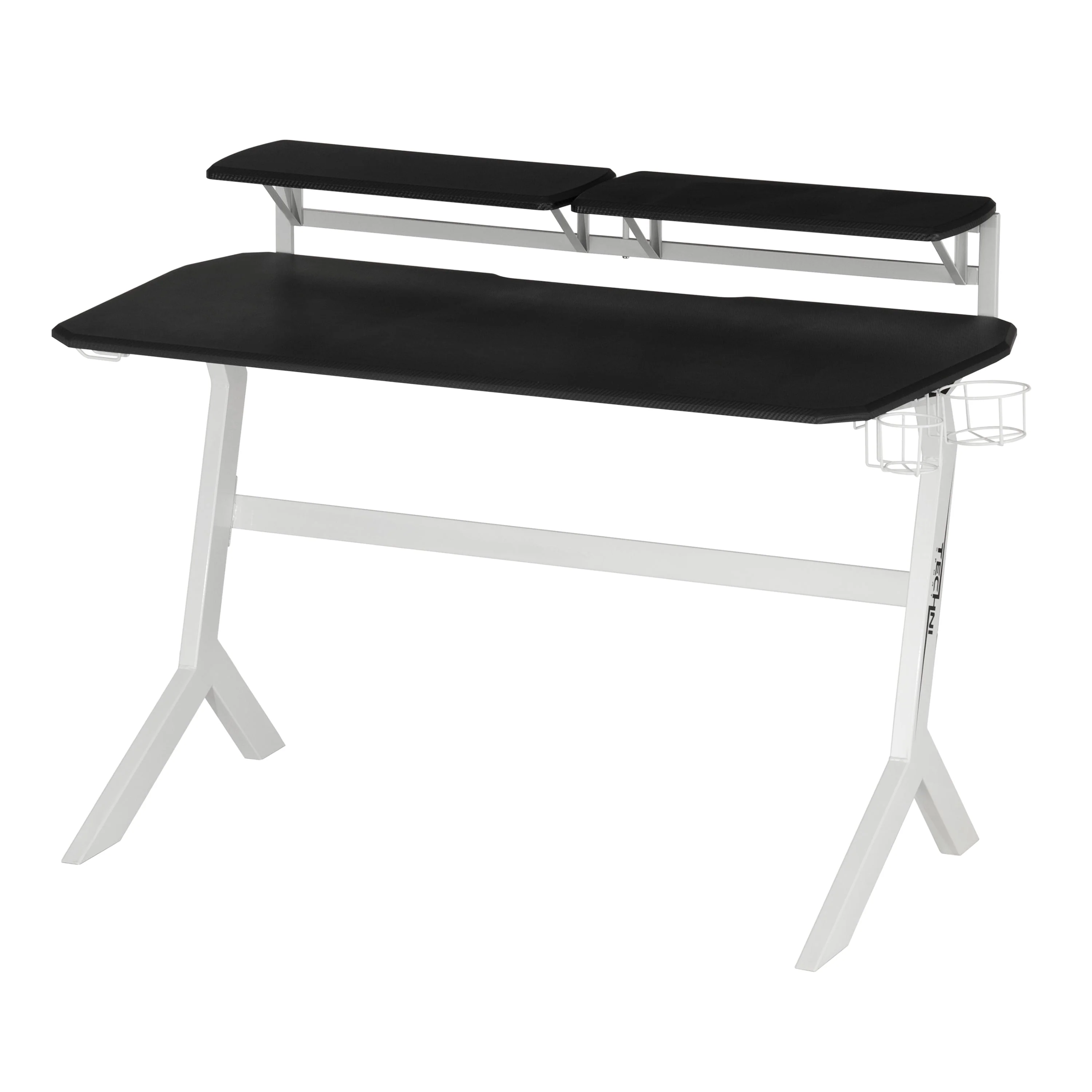 Techni Sport White Stryker Gaming Desk with Headphone Holder and Shelving, White