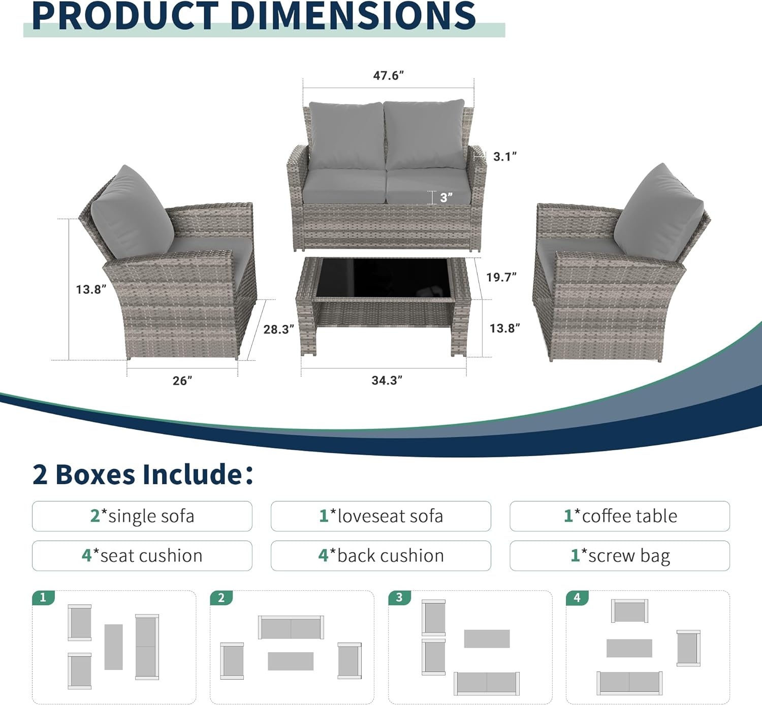 Poteban Wicker Patio Furniture Set, 4 Piece Outdoor Sectional Conversation Sets, Gray PE Rattan Patio Sofa Set for Balcony, Porch, Backyard, Grey