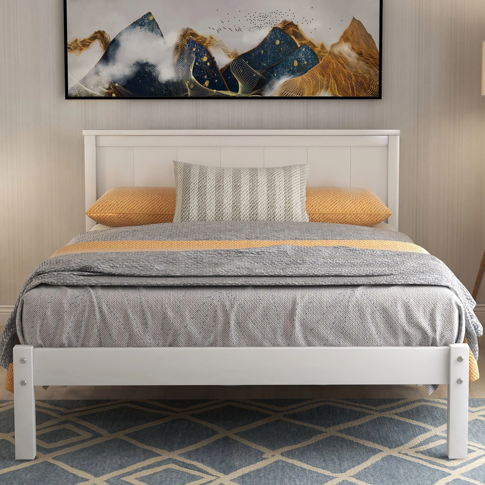 Euroco Twin Platform Bed, Modern Wood Frame Bed with Headboard and Slats for Kids Bed, No Box Spring Needed, White