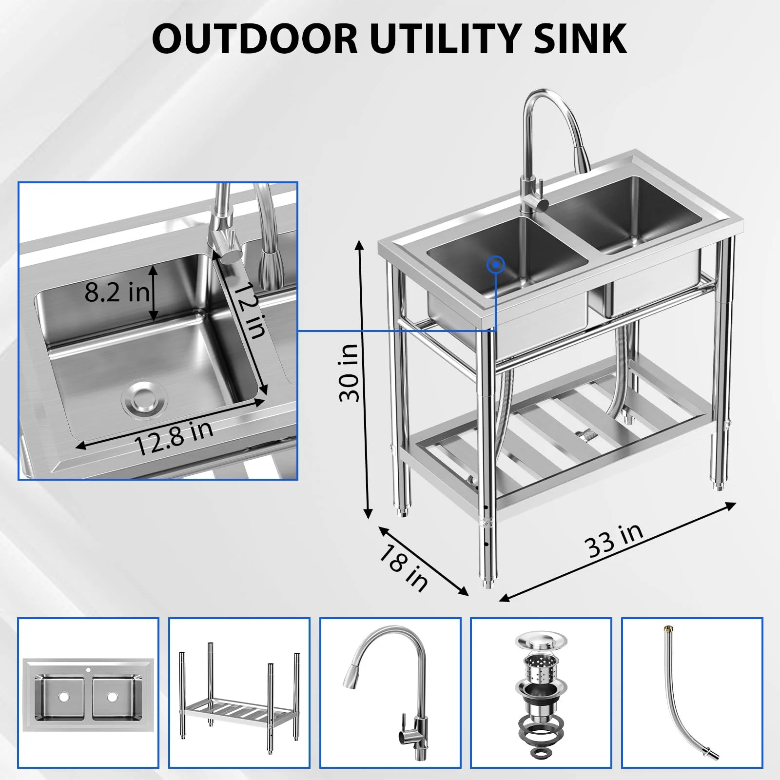 OYang Freestanding Double Bowl Laundry Sink ,Stainless Steel Sinkwith Hot & Cold Hoses,  Outdoor Camping Utility Sink for Garage