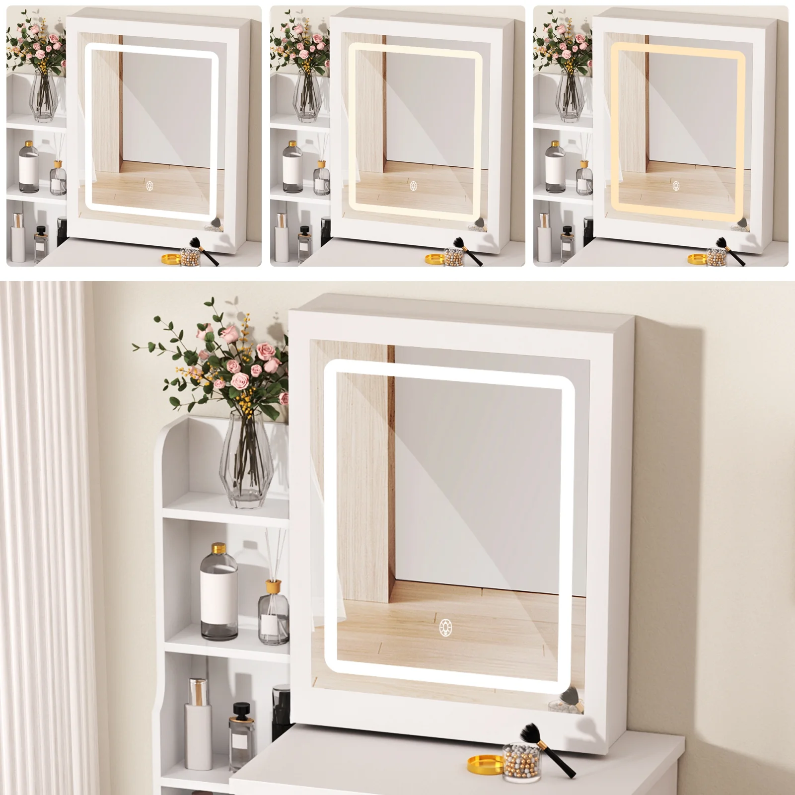 StarBay Makeup Mirror Desk Minimalist Makeup Table Compact Vanity Desk with Sliding Mirror and Lights, Hidden Storage Space, 4 Drawer, Sliding Lighted Mirror