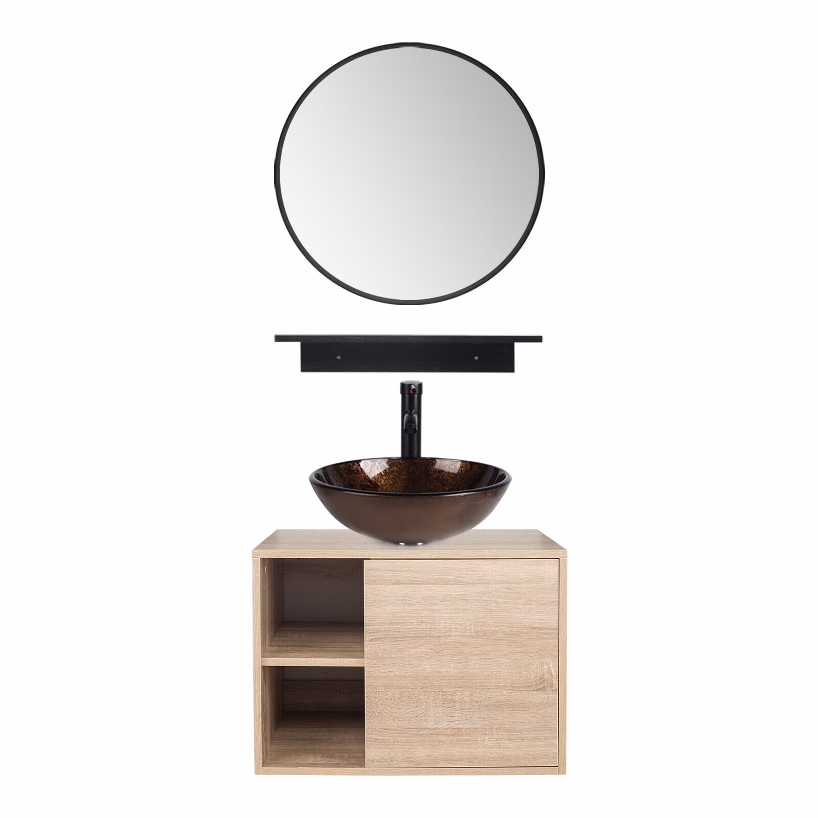 PULUOMIS Wall Mounted Bathroom Vanity Set with Mirror Storage Shelf, PVC Sheet Natural Cabinet with Black Side Panels (Cabinet + Sink)